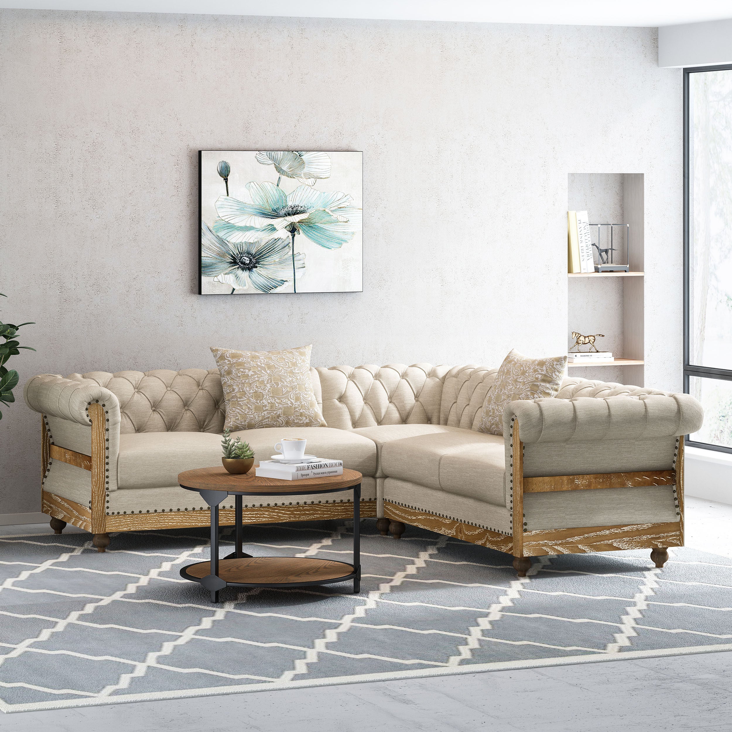 Alejandro Chesterfield Tufted Fabric 5 Seater Sectional Sofa with Nailhead Trim - furnishings