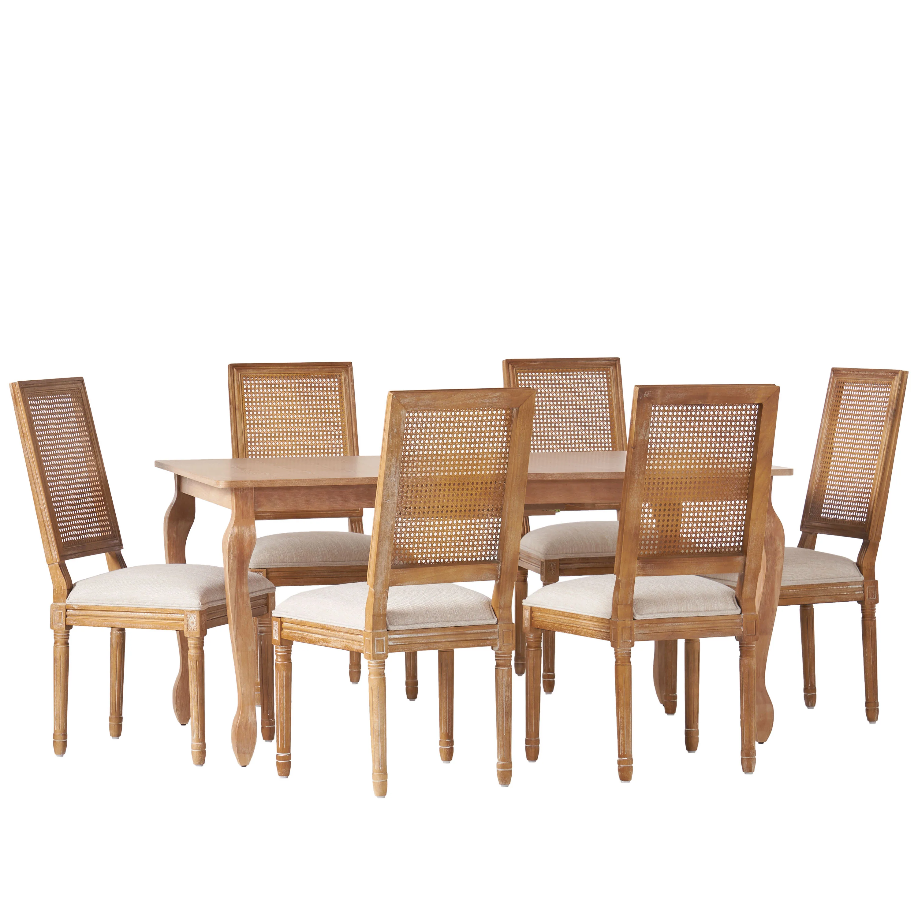 Fernleaf French Country Fabric Upholstered Wood and Cane Expandable 7 Piece Dining Set - furnishings