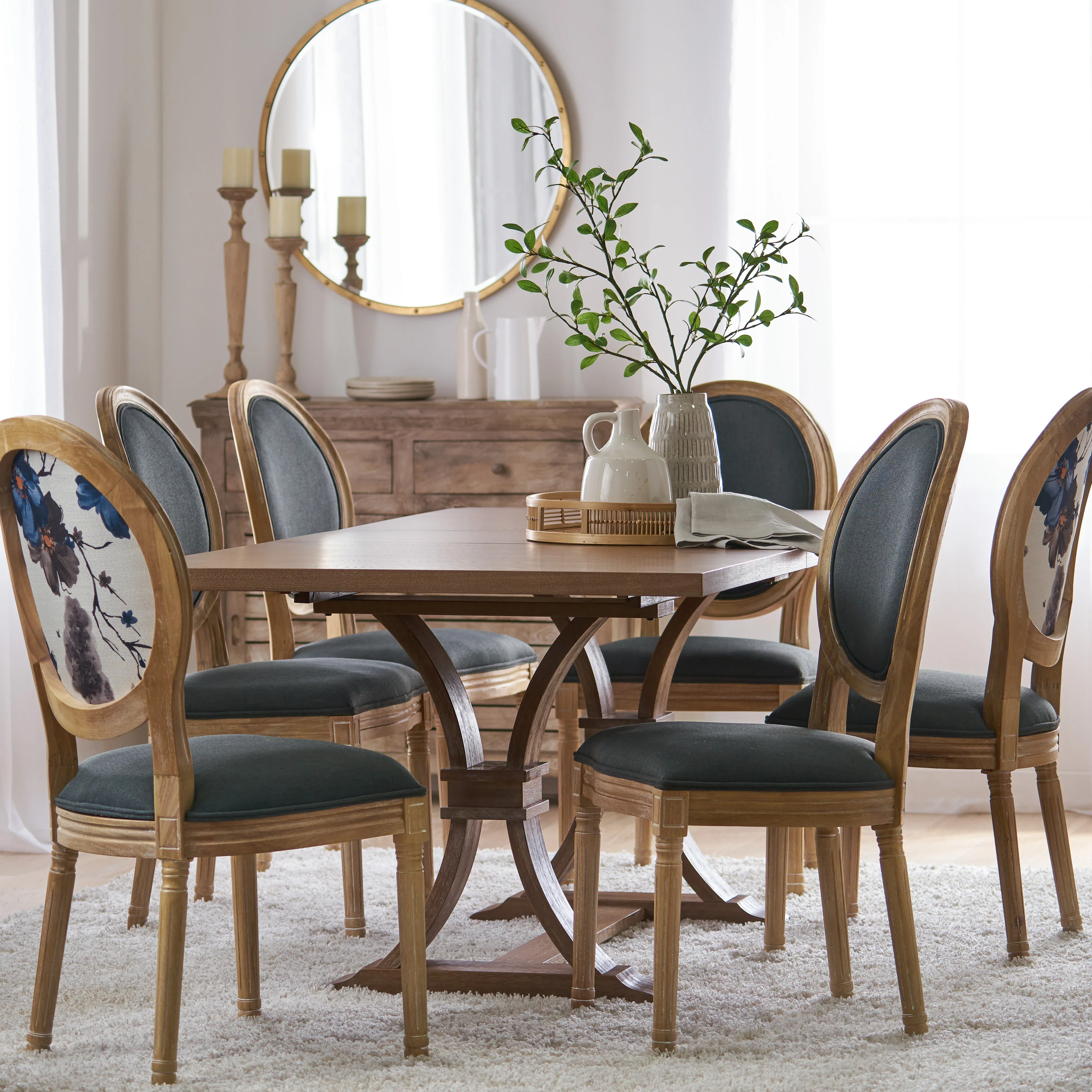 Dason French Country Fabric Upholstered Wood 7 Piece Dining Set - furnishings