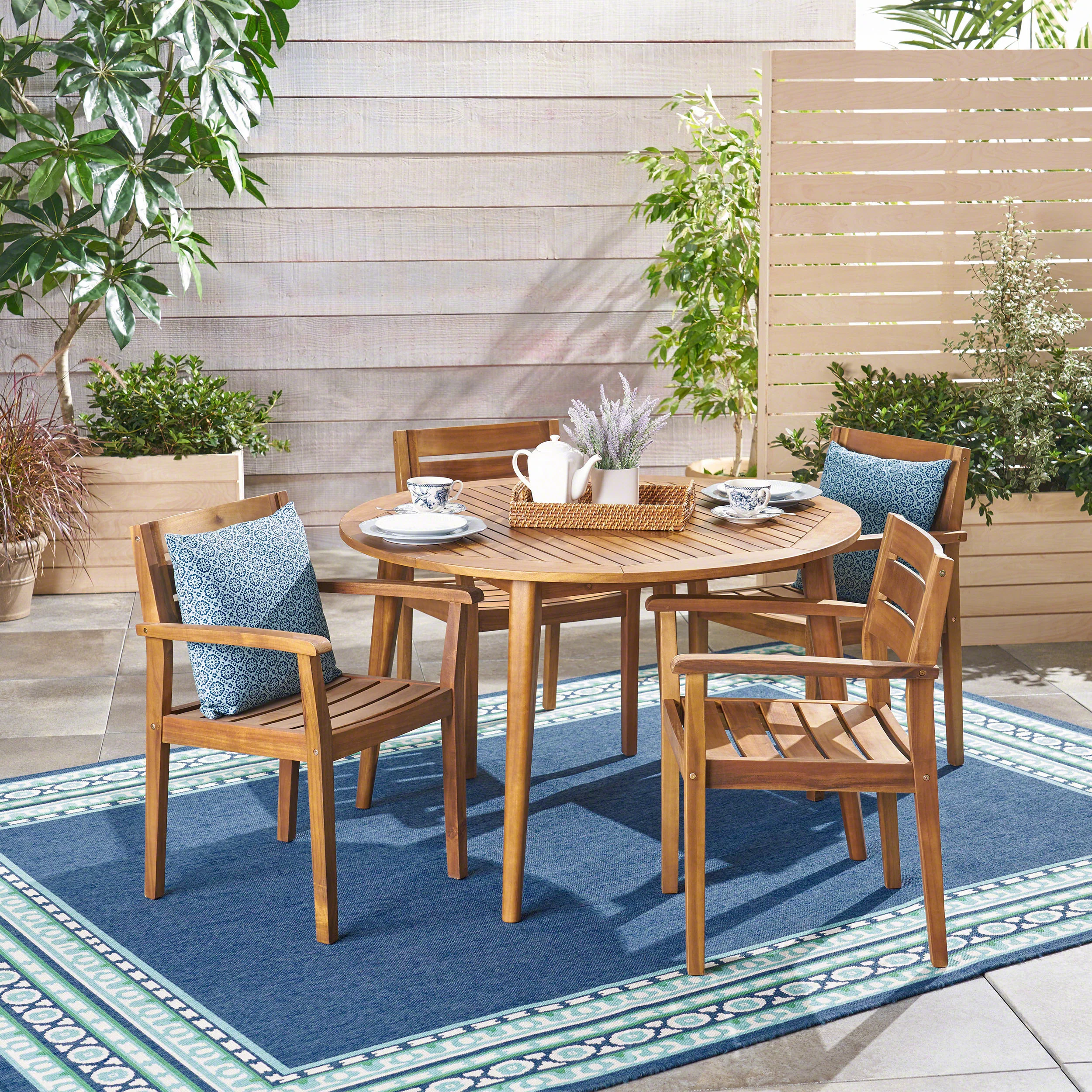 Keth Outdoor 5 Piece Teak Acacia Wood Slatted Dining Set with Circular Table - furnishings
