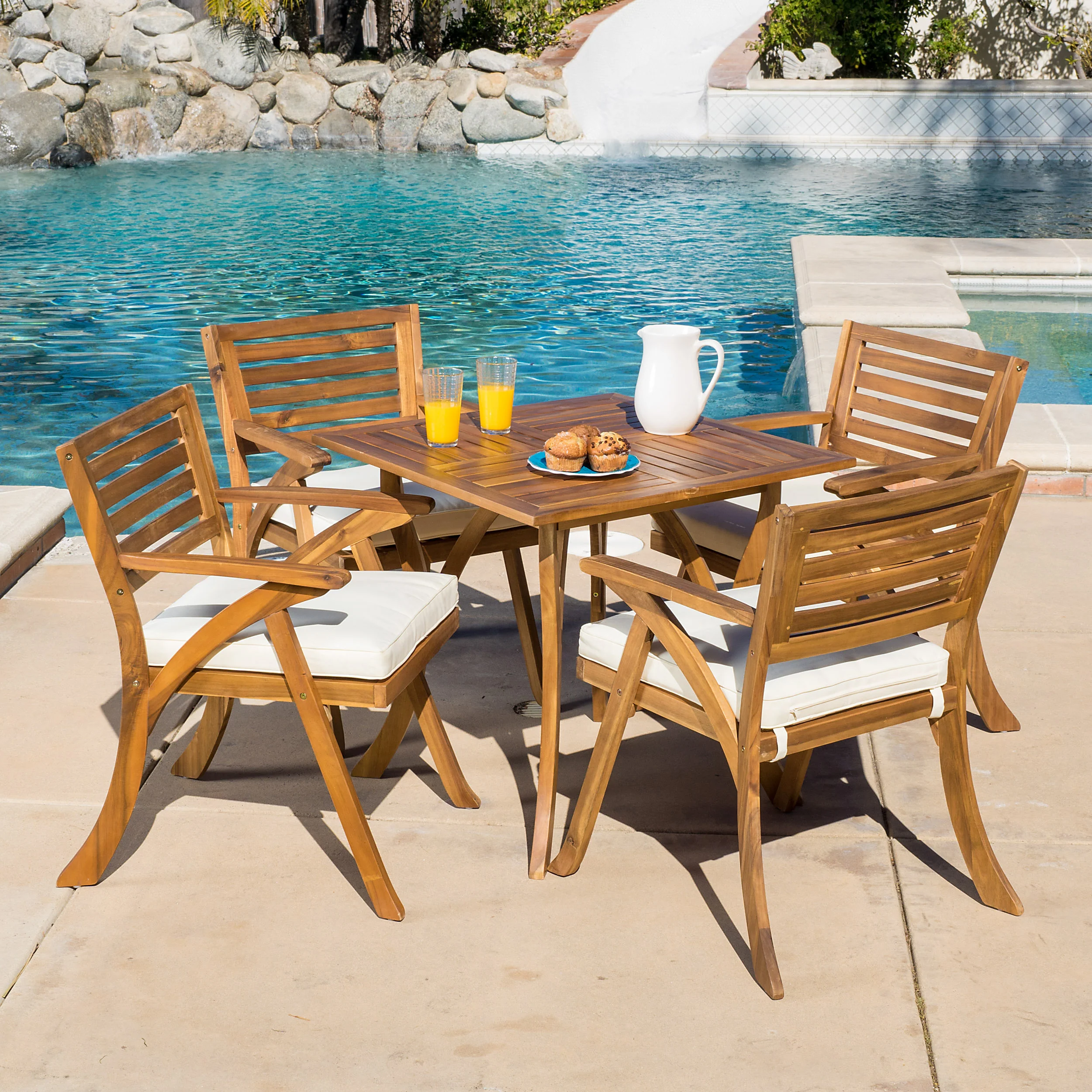 Deandra Outdoor 5-piece Wood Dining Set with Cushions - furnishings
