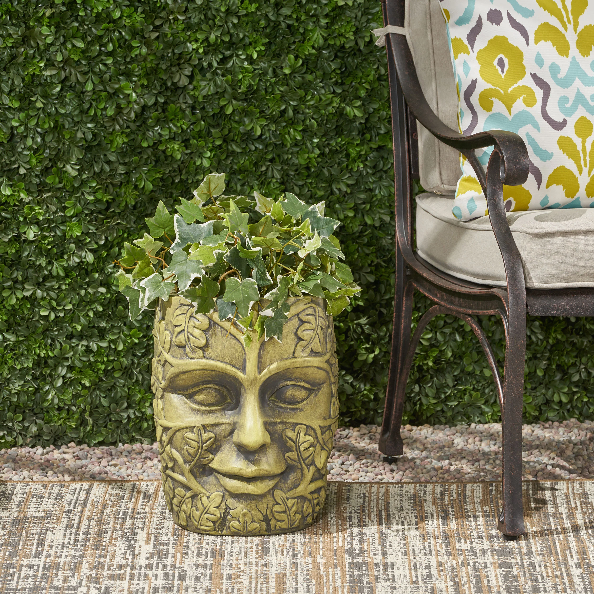Elliott Outdoor Green Man Tiki Urn, Antique Green Finish - furnishings