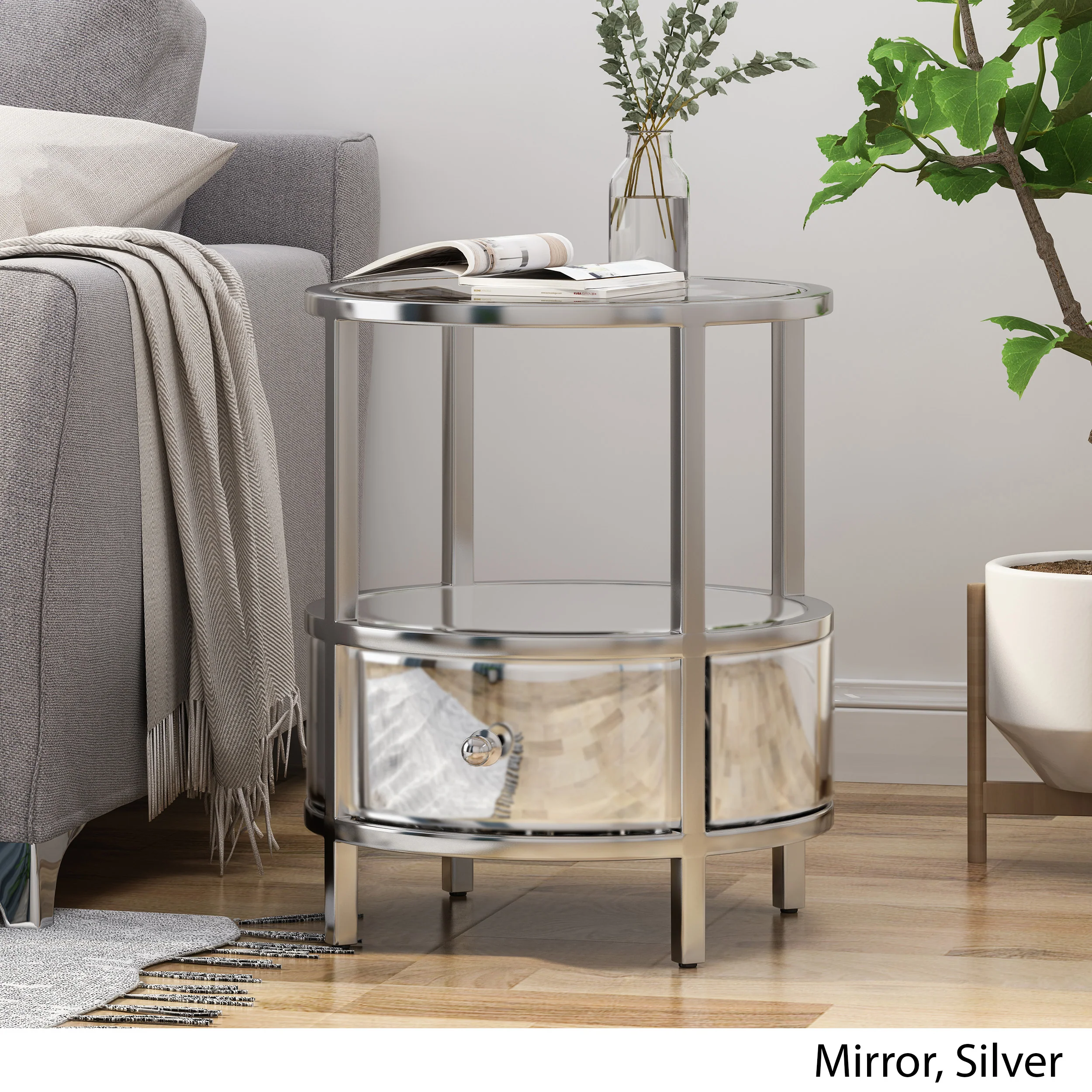 Celina Modern Round End Table with Tempered Glass Drawers and Stainless Steel Frame, Silver - furnishings