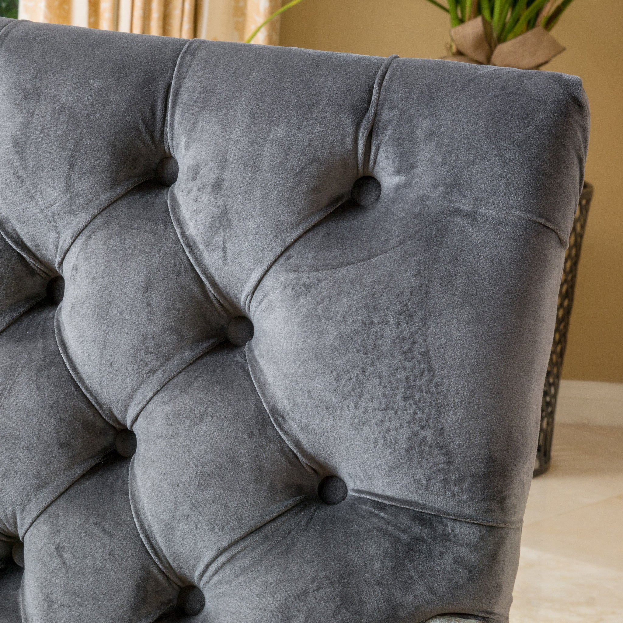 Myrtle Contemporary Velvet Tufted Dining Arm Chair, Charcoal and Oak - furnishings