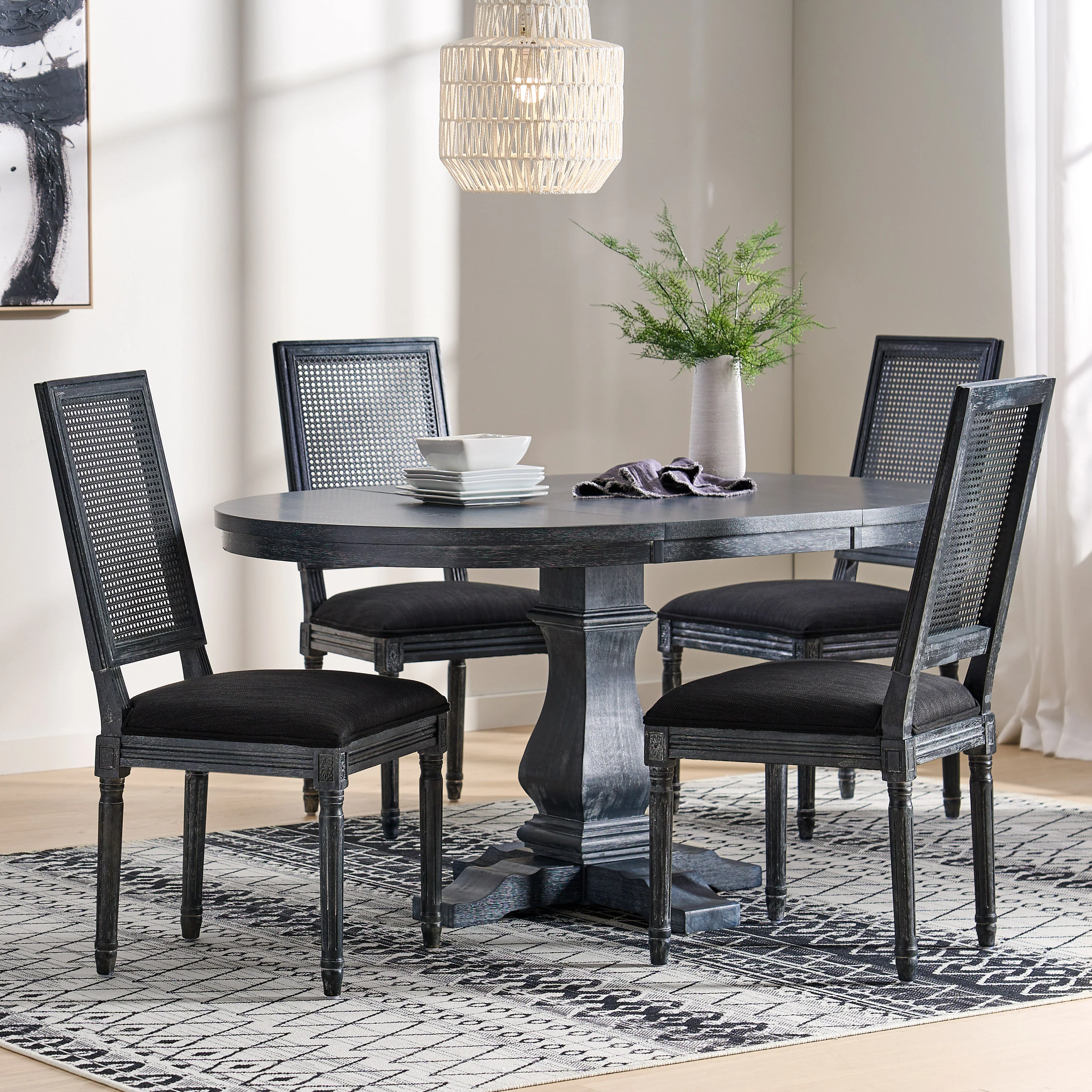 Brownell French Country Wood and Cane 5-Piece Expandable Oval Dining Set - furnishings