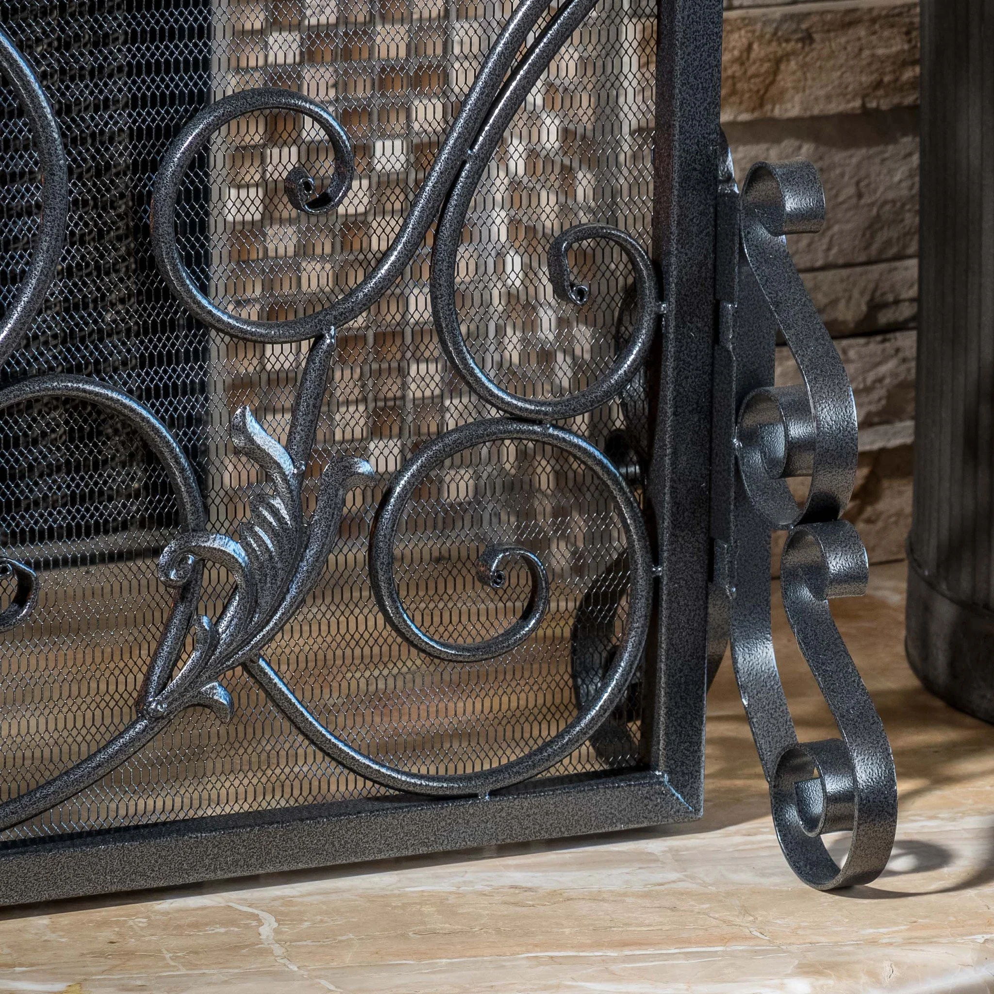 Darcie Black Brushed Silver Finish Wrought Iron Fireplace Screen - furnishings
