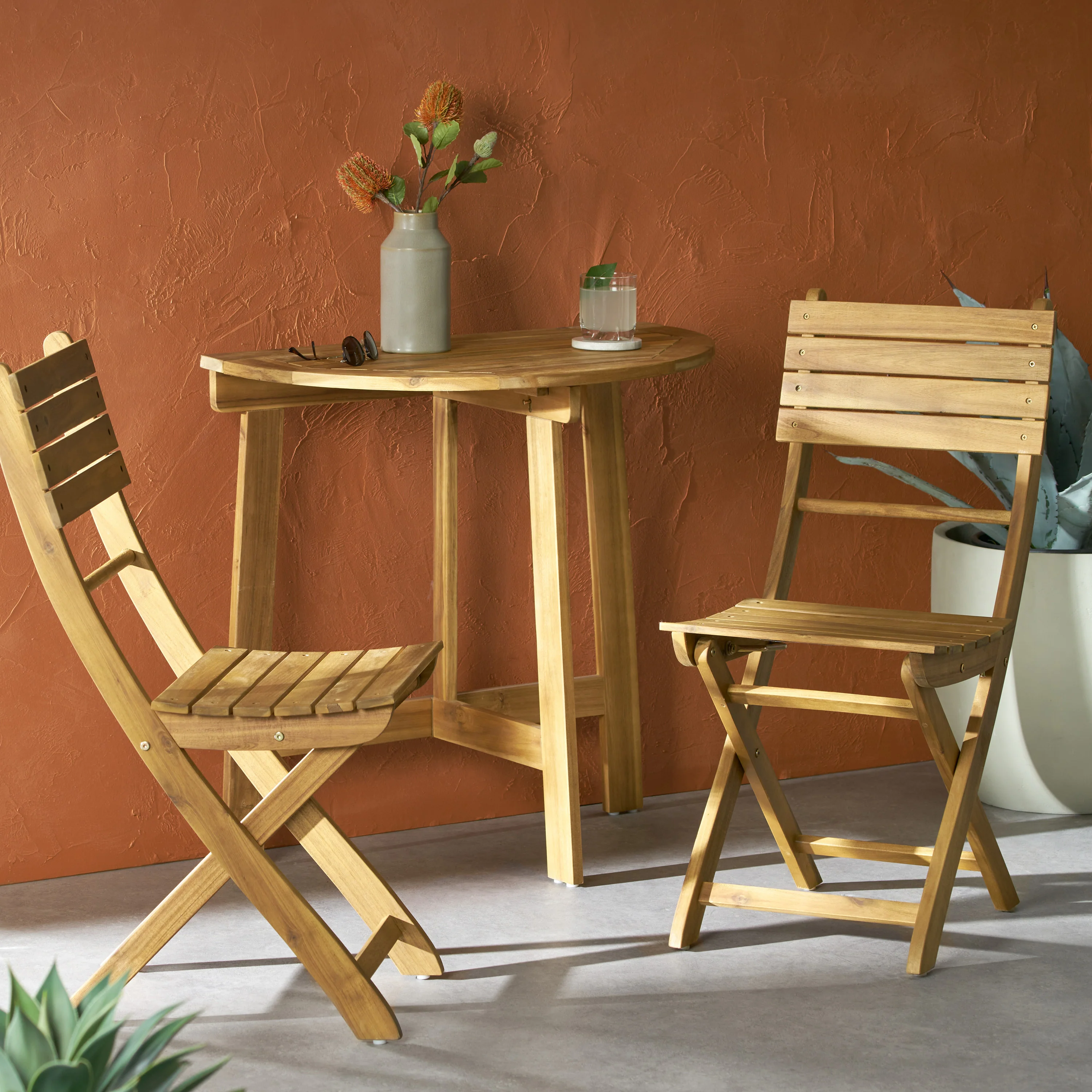 Sophia Outdoor 2 Seater Half-Round Acacia Wood Bistro Table Set with Folding Chairs - furnishings