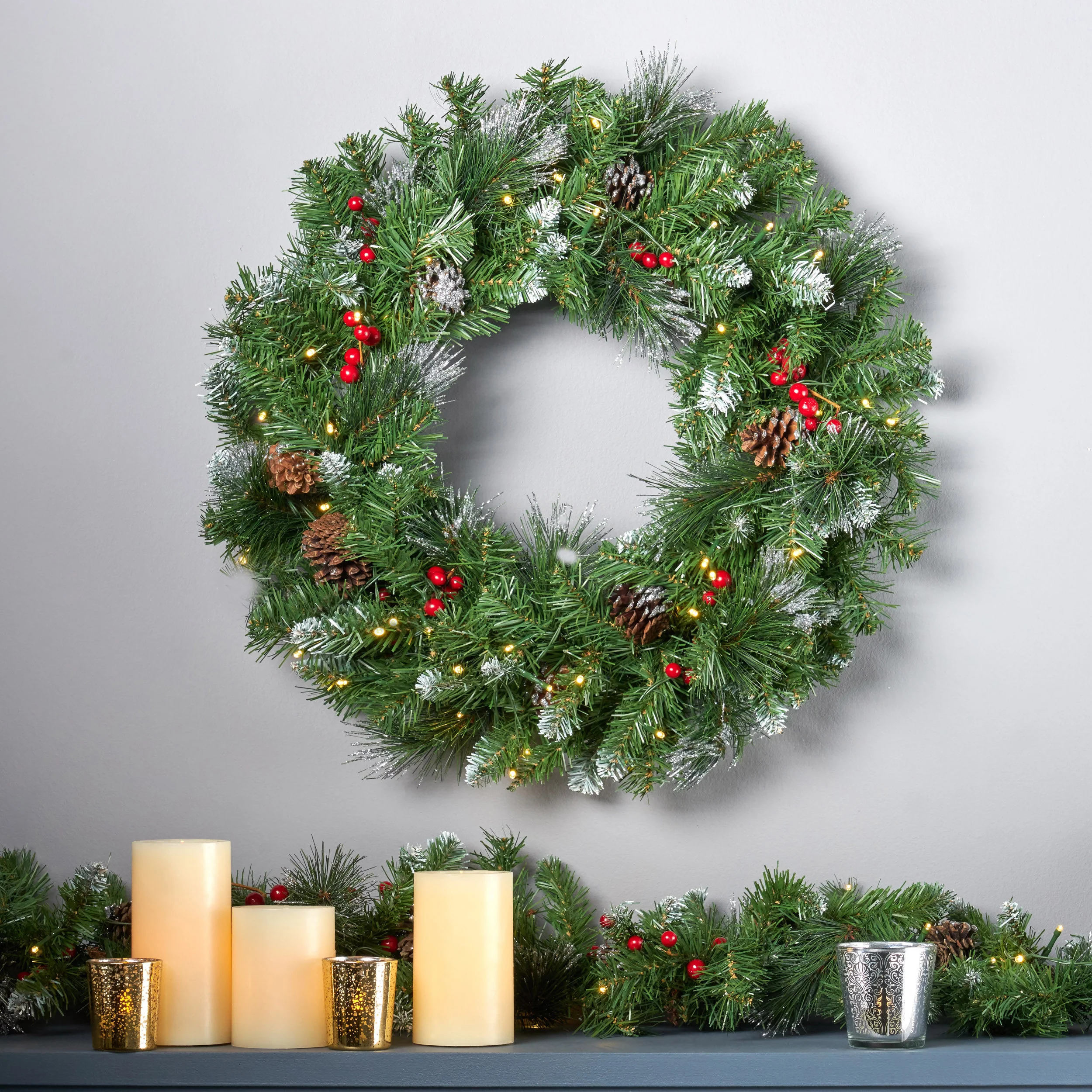 Chrisan 24''Glitter Bristle Mixed Wreath with with 9 Red Berry and 9 Pine - furnishings