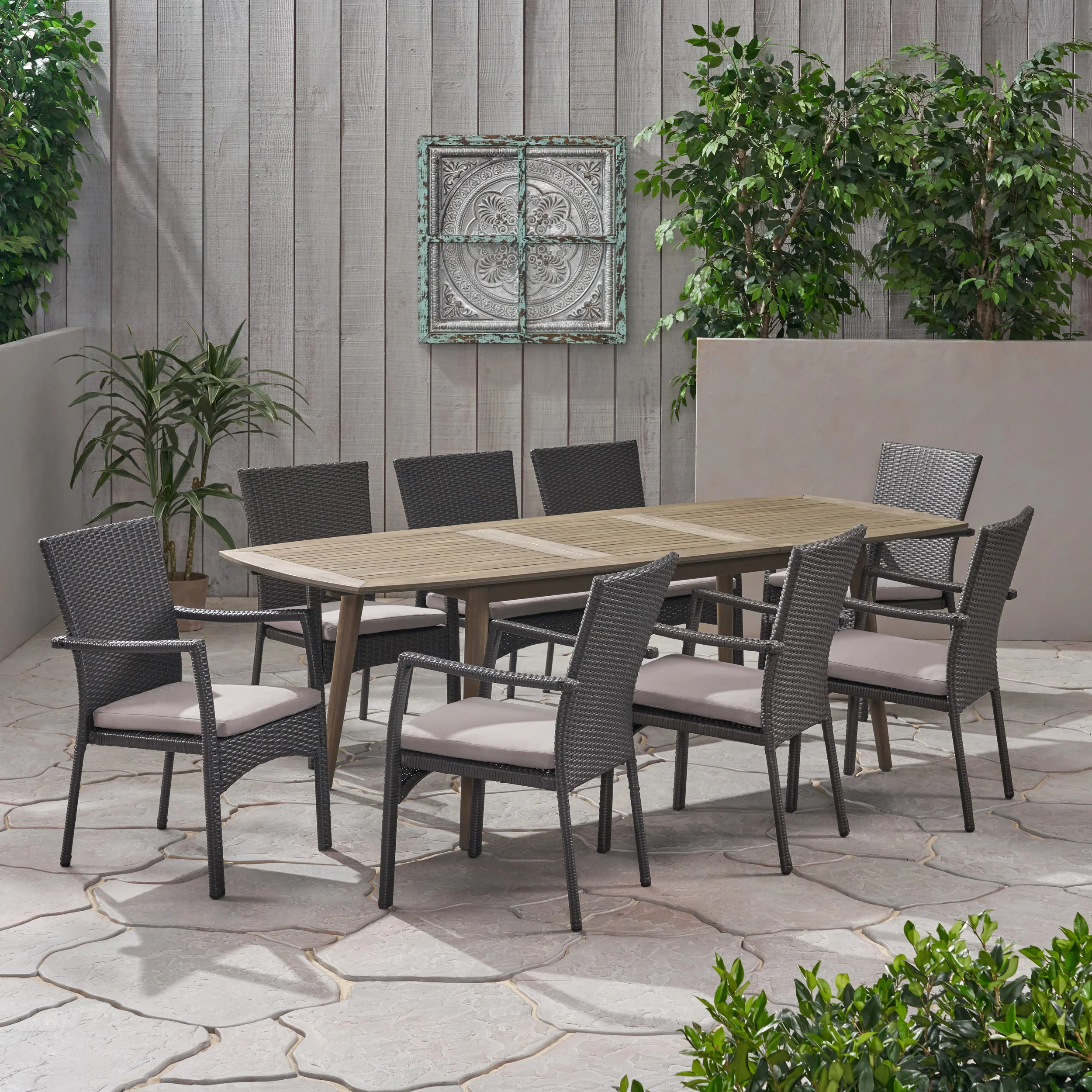 Jabari Outdoor Wood and Wicker Expandable 8 Seater Dining Set - furnishings