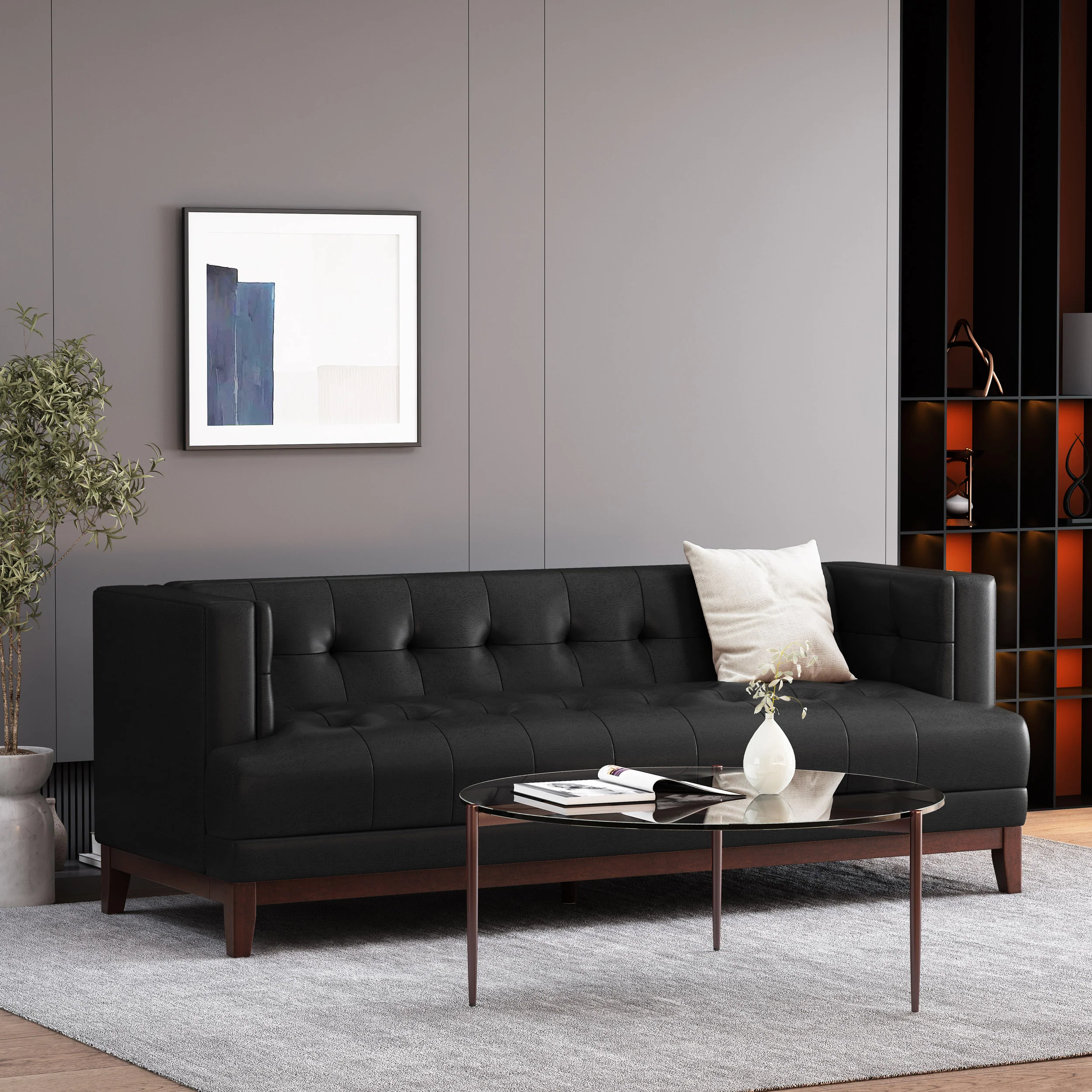 Stefan Mid Century Modern Faux Leather Tufted 3 Seater Sofa - furnishings