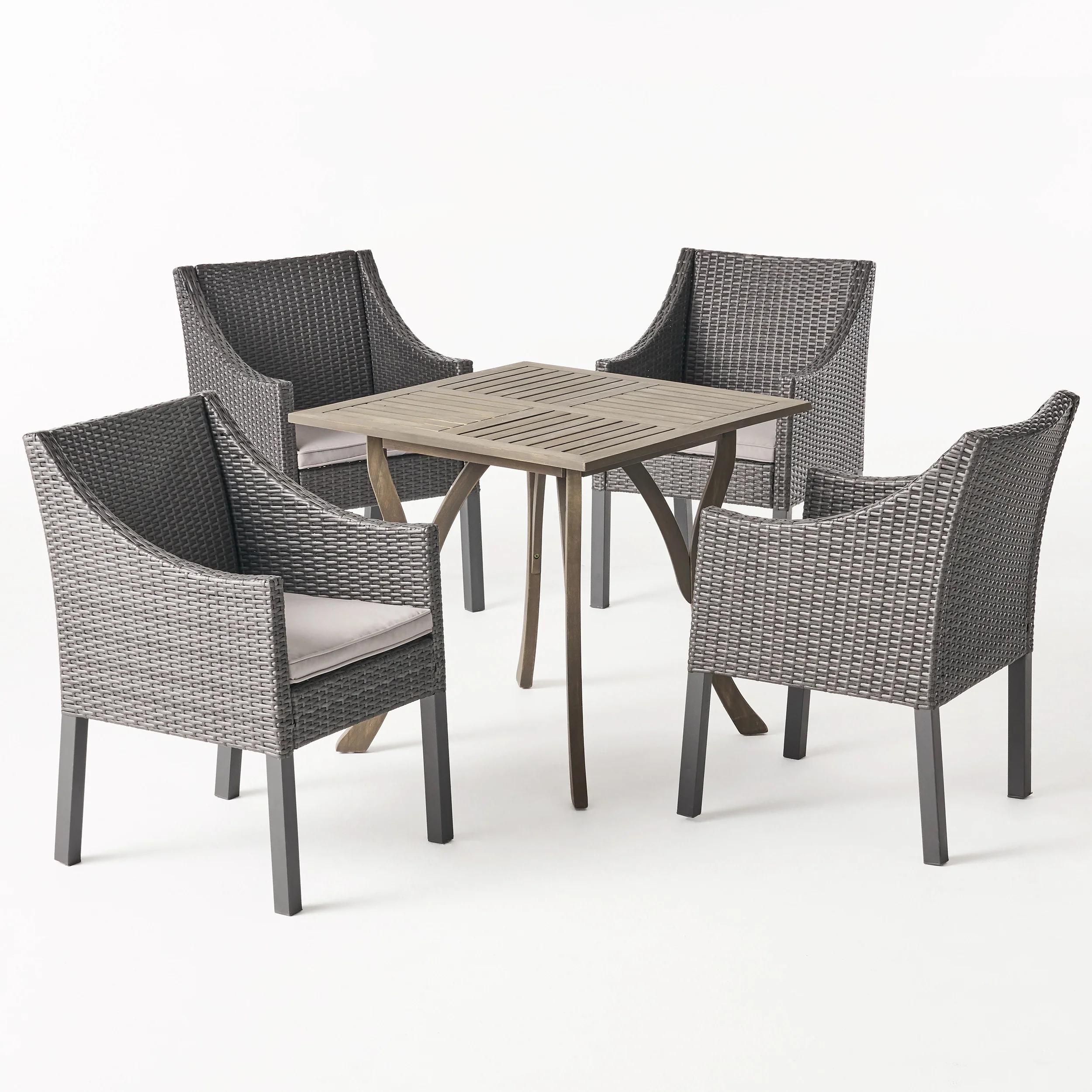 Marcy Outdoor 5 Piece Wood and Wicker Square Dining Set, Gray and Gray - furnishings