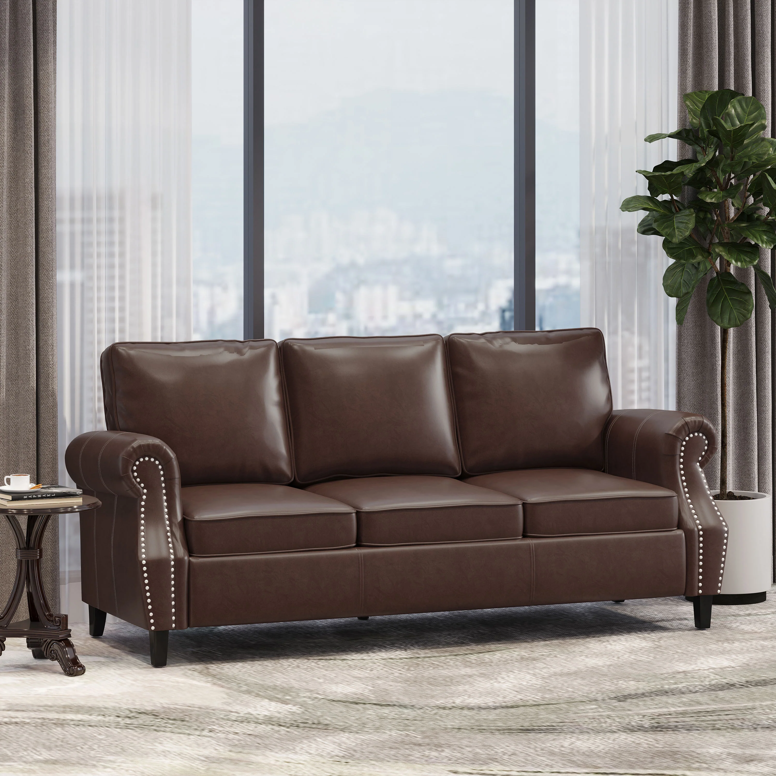 Burkehaven Contemporary Faux Leather 3 Seater Sofa with Nailhead Trim - furnishings