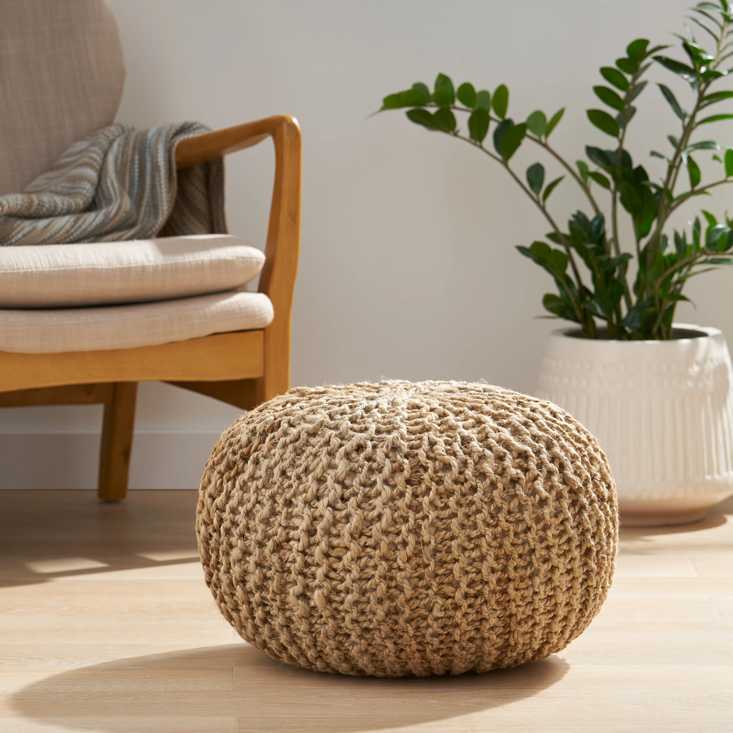 Brightridge Boho Handmade Jute Cable Knit Round Pouf - furnishings