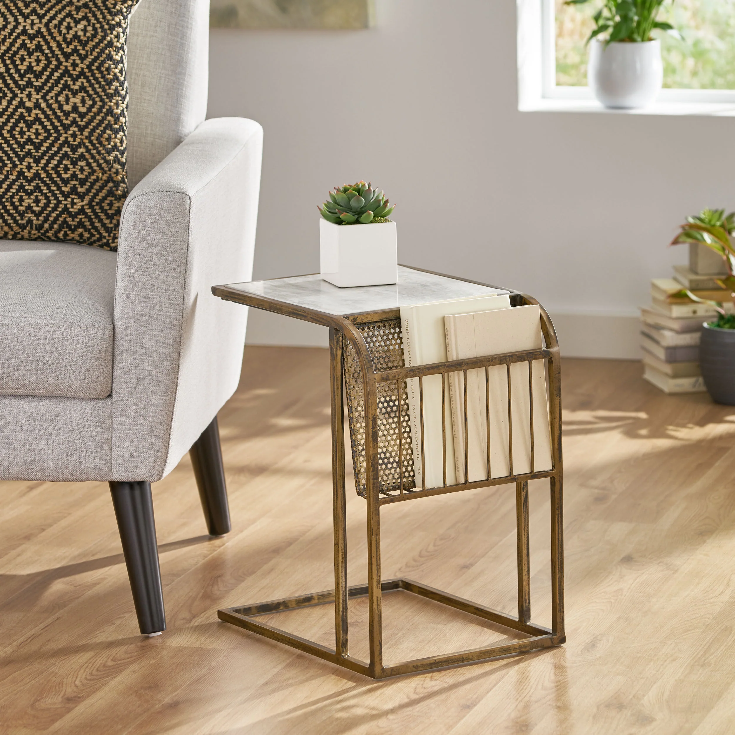 Billman Boho Glam Handcrafted Marble Top C-Shaped Side Table with Magazine Rack, Natural White and Antique Brass - furnishings