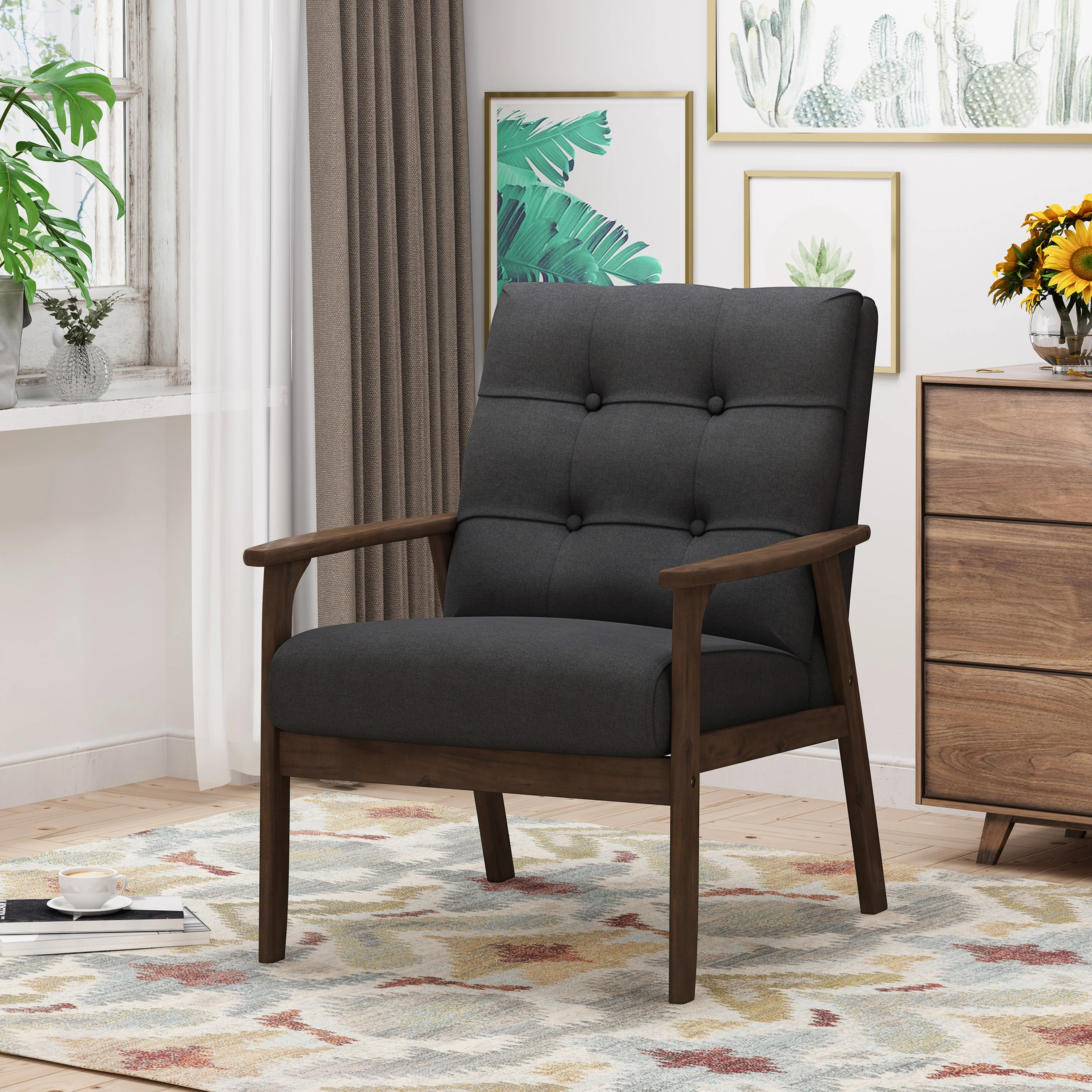 Samulle Mid Century Modern Waffle Stitch Tufted Armchair - furnishings