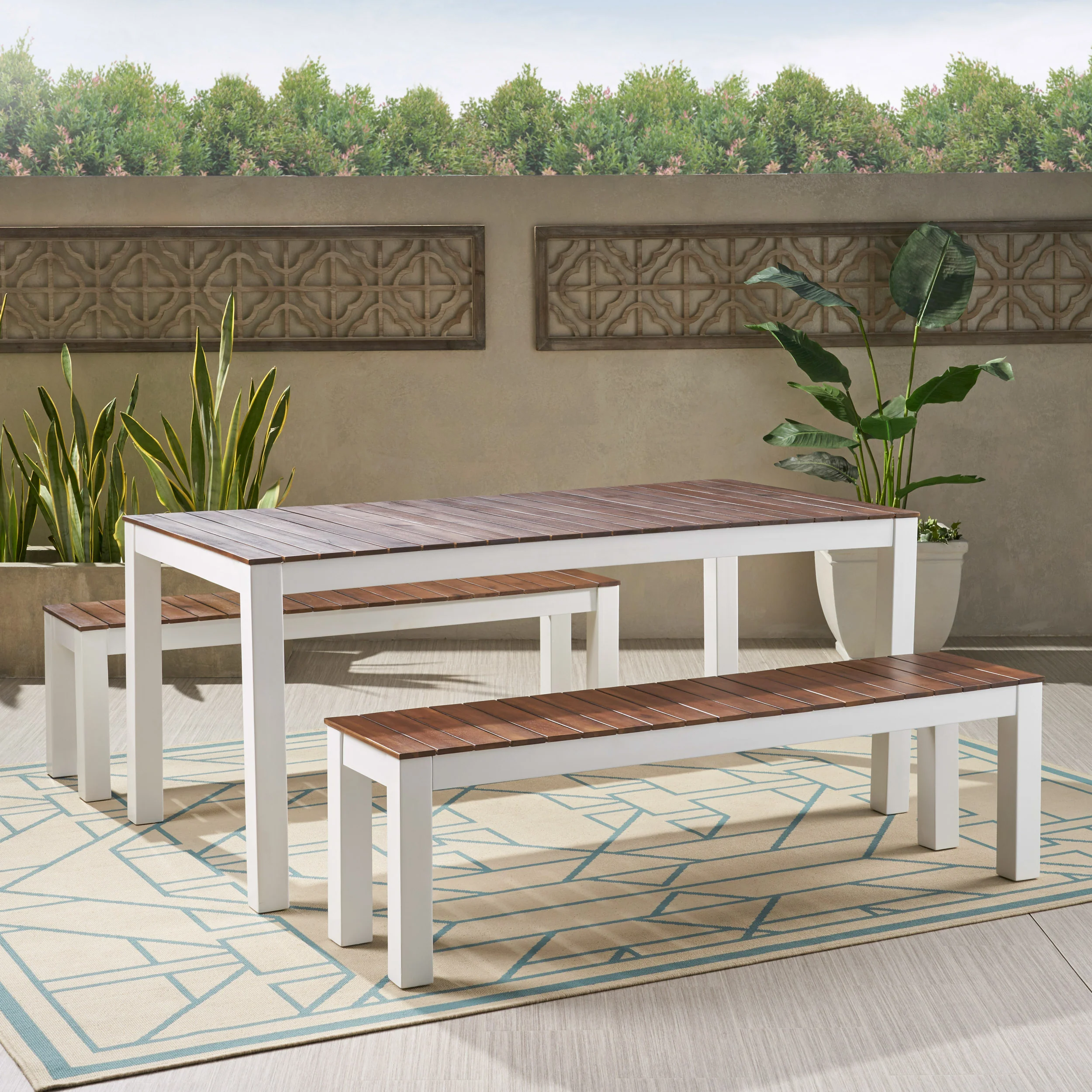 Rodanthe Outdoor Contemporary 3 Piece Acacia Wood Picnic Dining Set with Benches - furnishings
