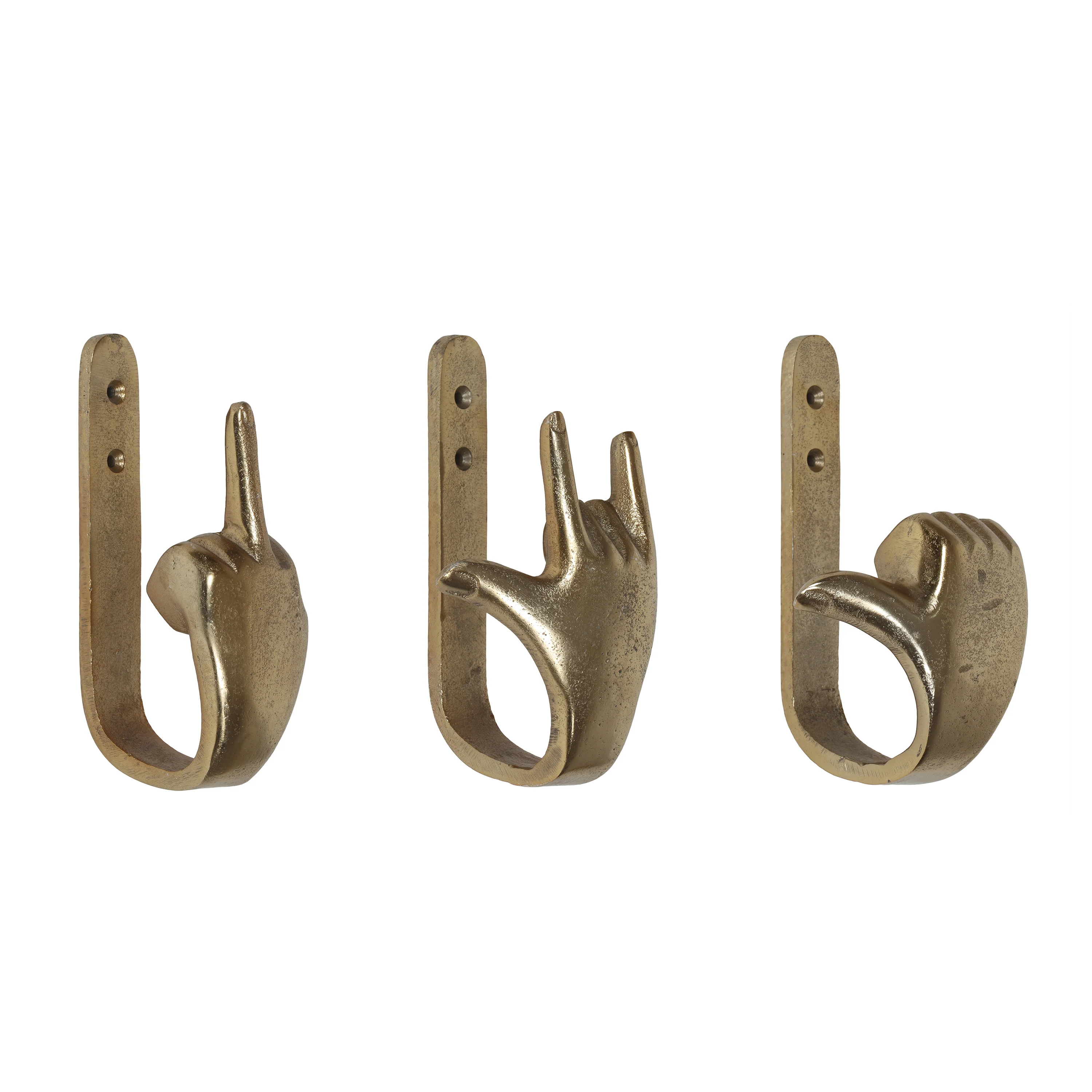 Denison Handmade Aluminum Hand Gesture Coat Hooks (Set of 3), Raw Gold - furnishings