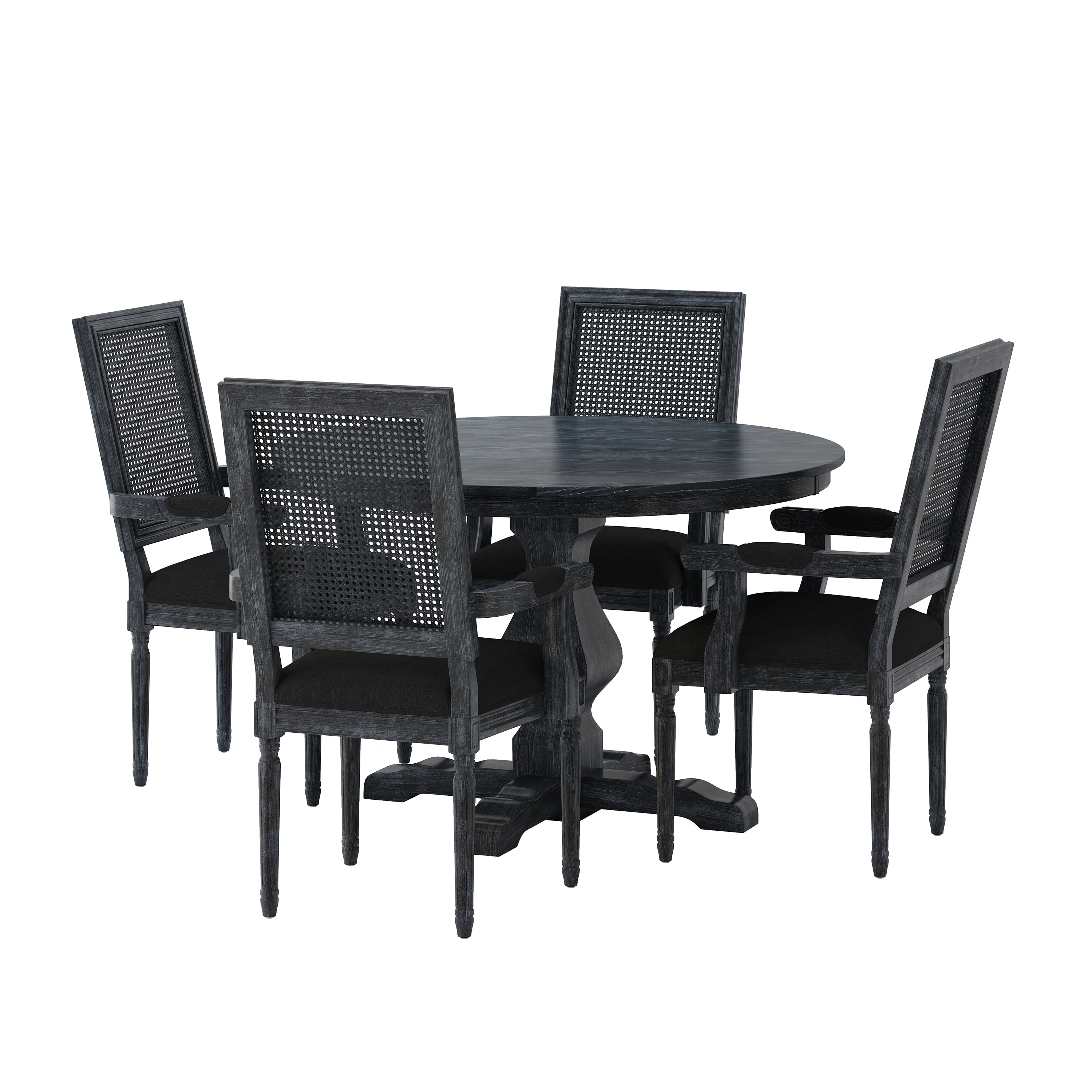Joretta French Country Fabric Upholstered Wood and Cane 5 Piece Circular Dining Set - furnishings