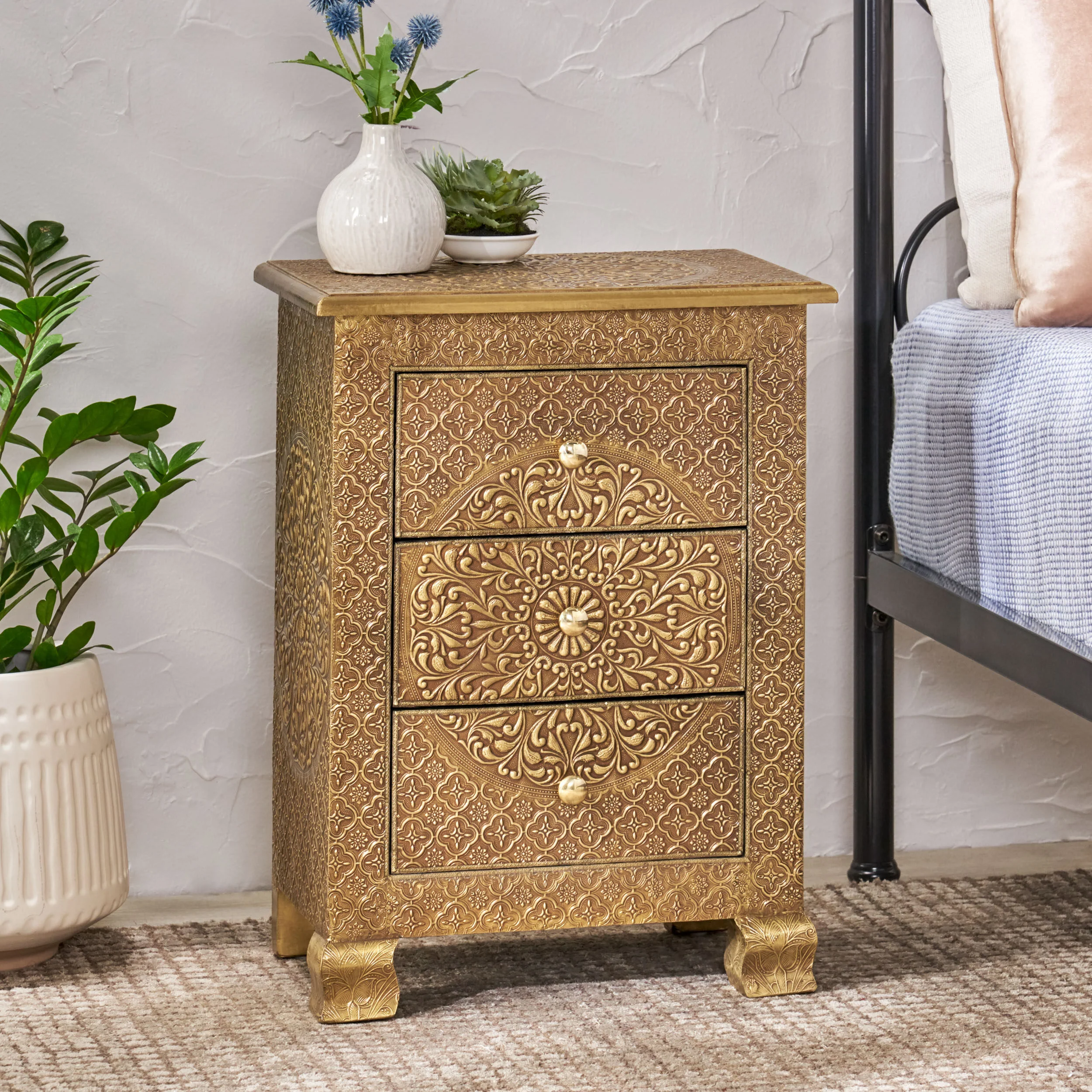 Paulding Upson Handcrafted Boho 3 Drawer Nightstand - furnishings