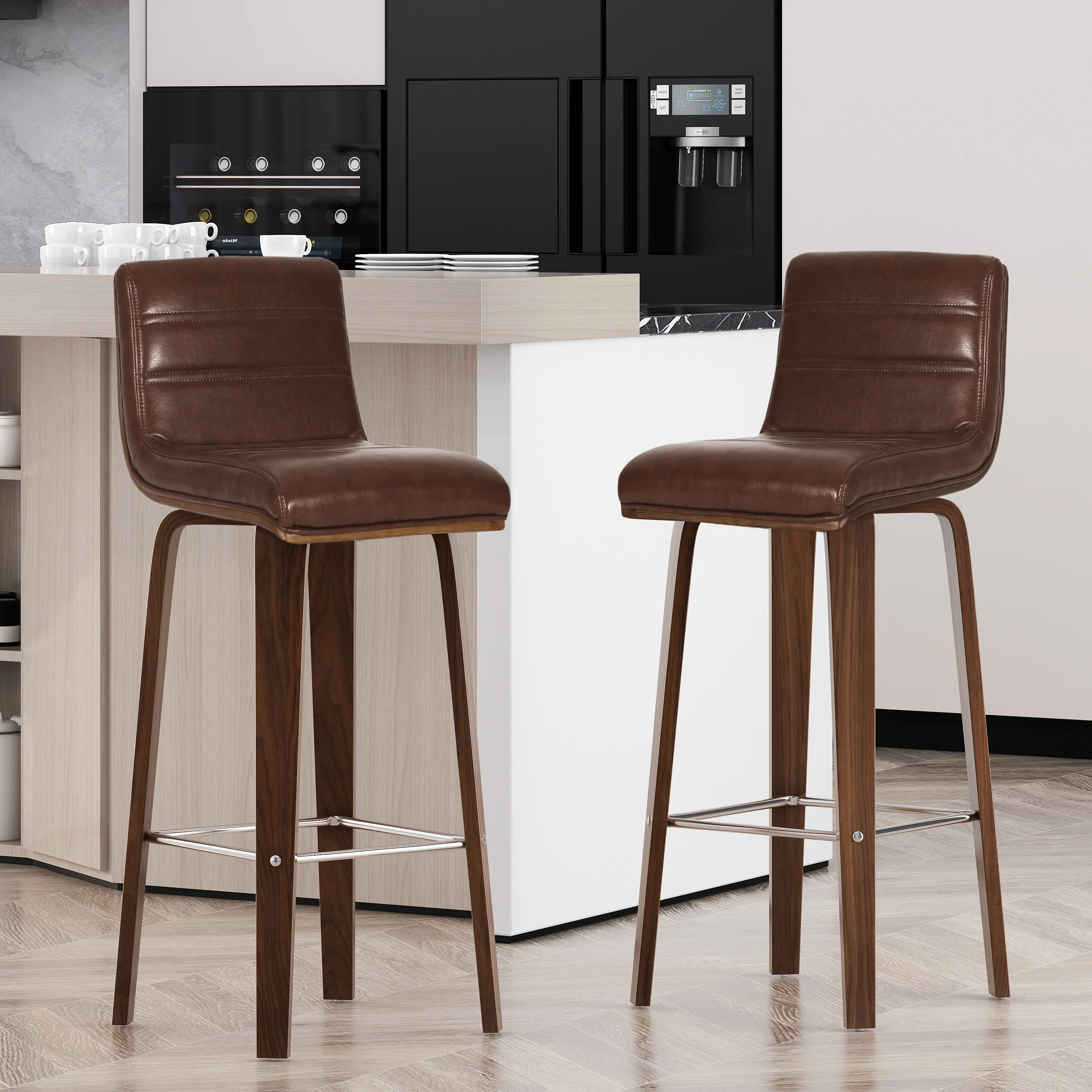 Mendon Mid Century Modern Channel Stitch Bentwood Swivel Barstools, Set of 2 - furnishings