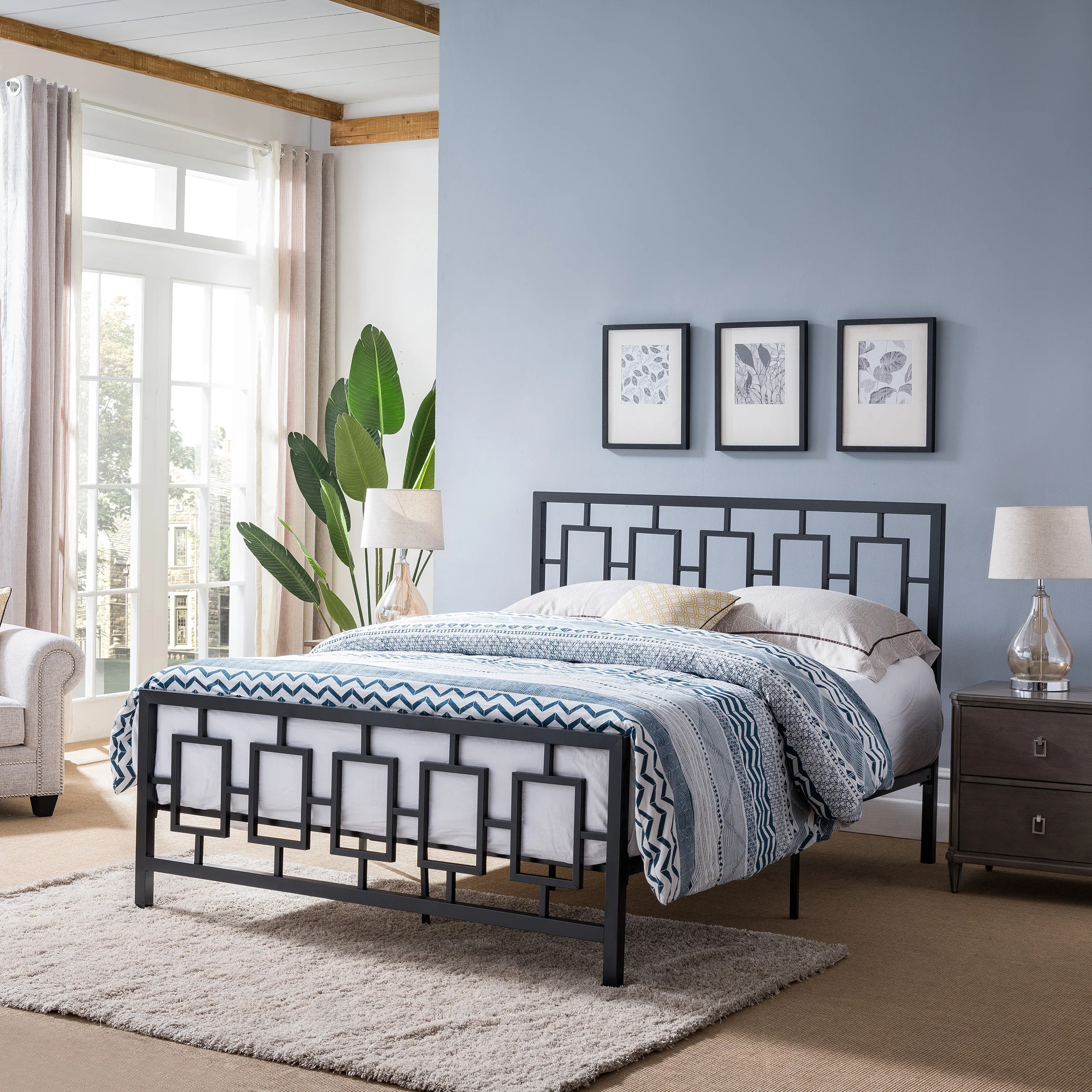 Dawn Queen-Size Geometric Platform Bed Frame, Iron, Modern, Low-Profile - furnishings