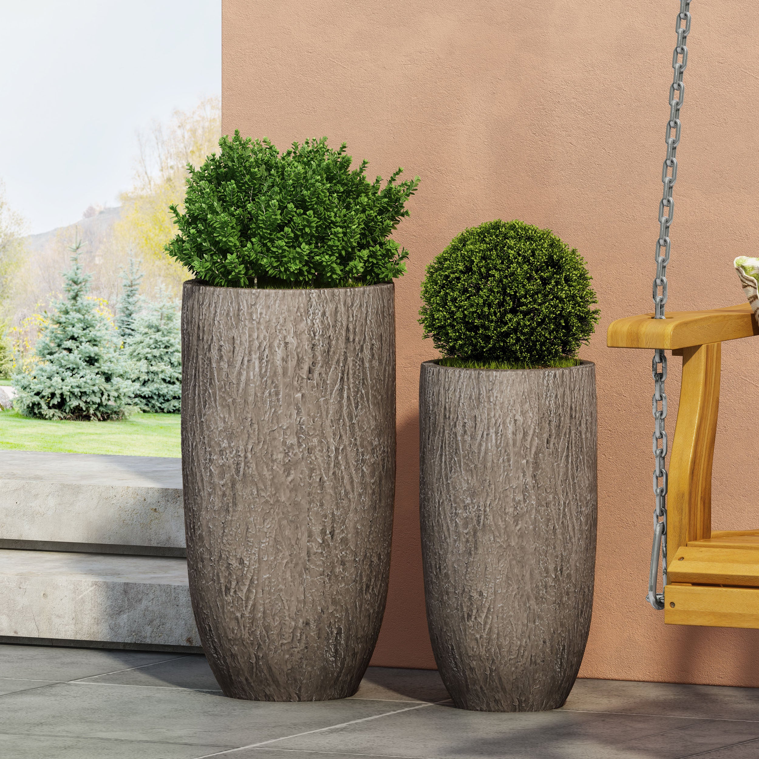 Moreno Outdoor Medium and Large Cast Stone Planter Set, Brown Wood - furnishings