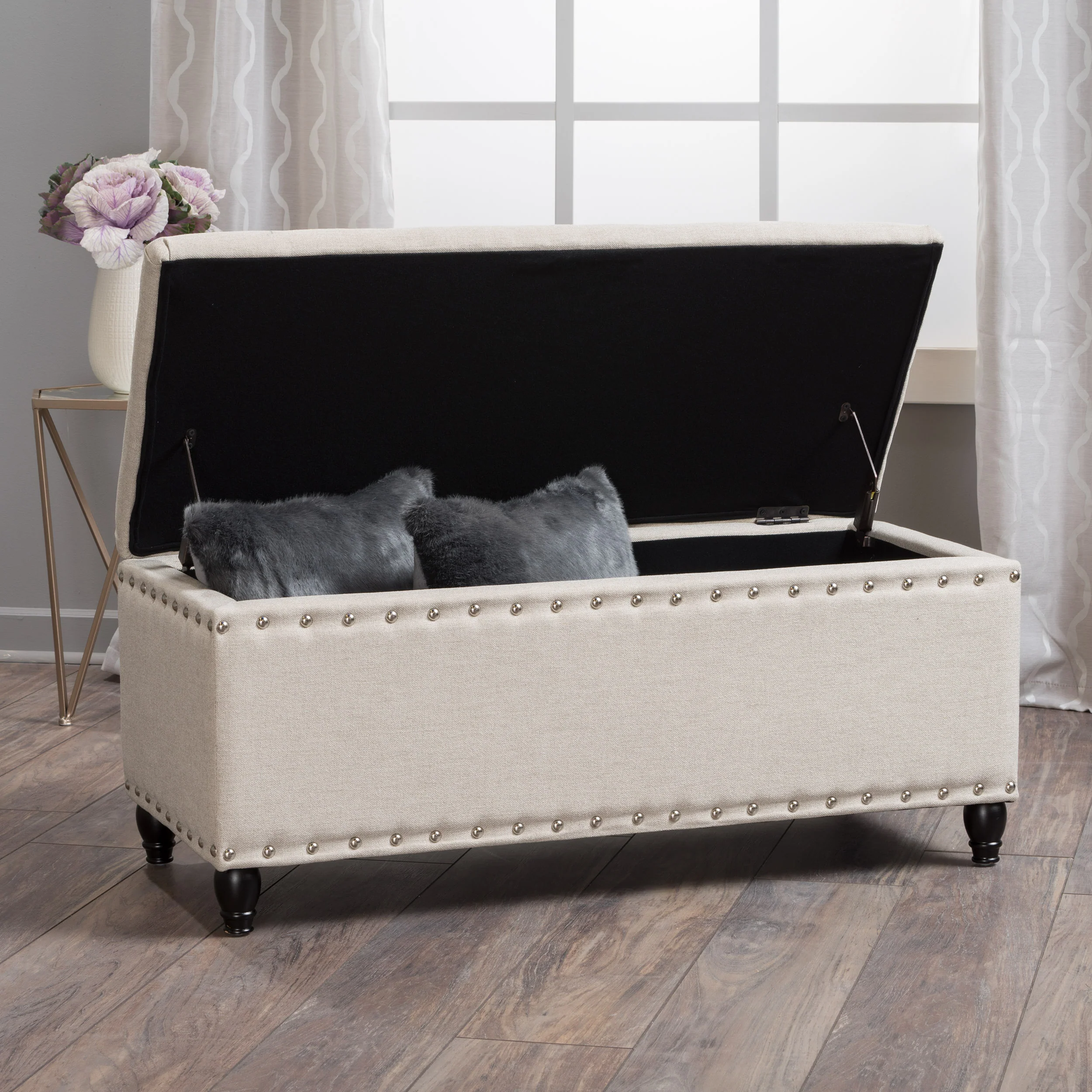 Tatiana Contemporary Fabric Storage Ottoman with Nailhead Trim - furnishings