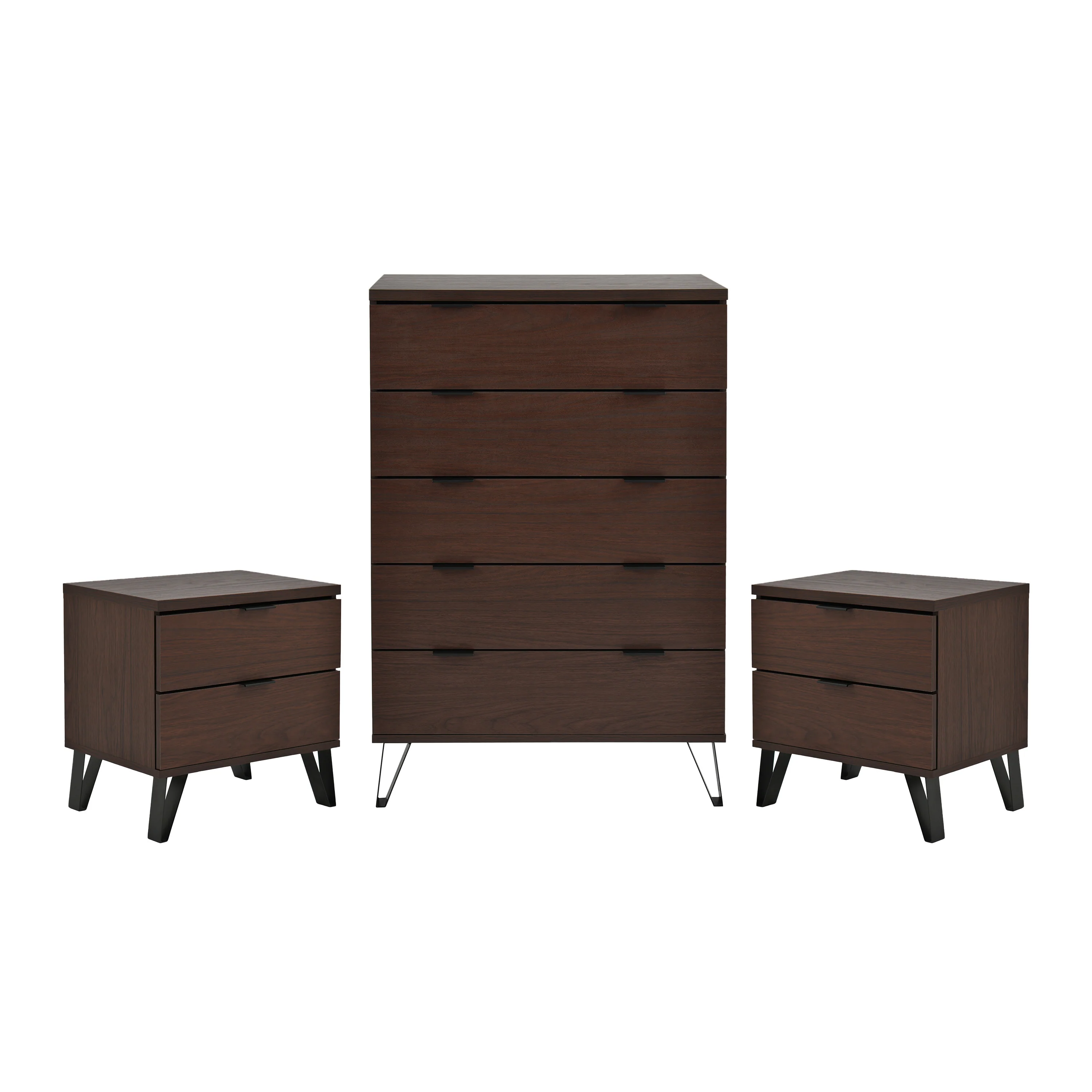 Demijen Modern Industrial 3 Piece Wide 5 Drawer Dresser and Nightstand Bedroom Set, Walnut and Matte Black - furnishings