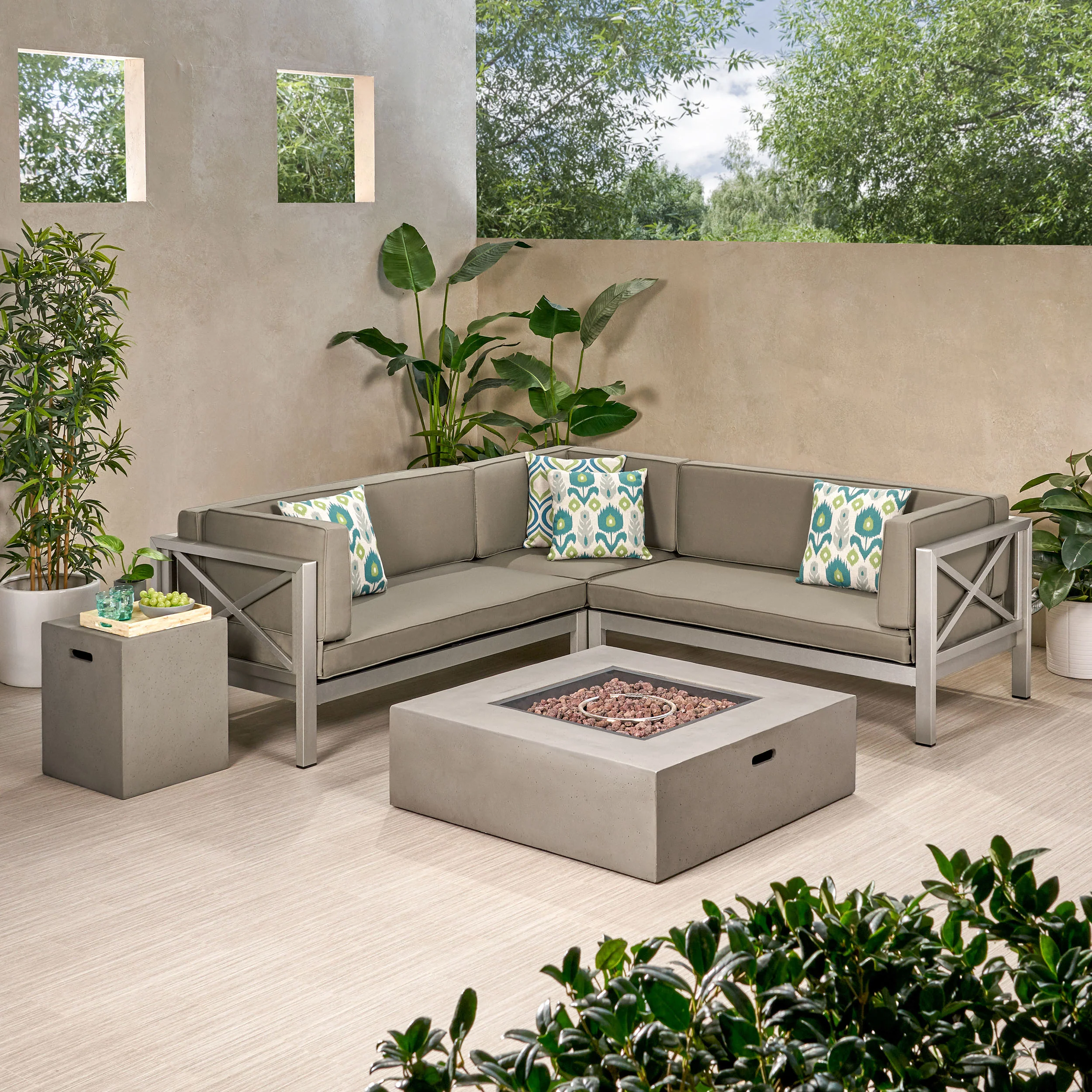 Morocco Vista Outdoor Modern 5 Seater V-Shaped Sectional Sofa Set with Fire Pit and Tank Holder - furnishings