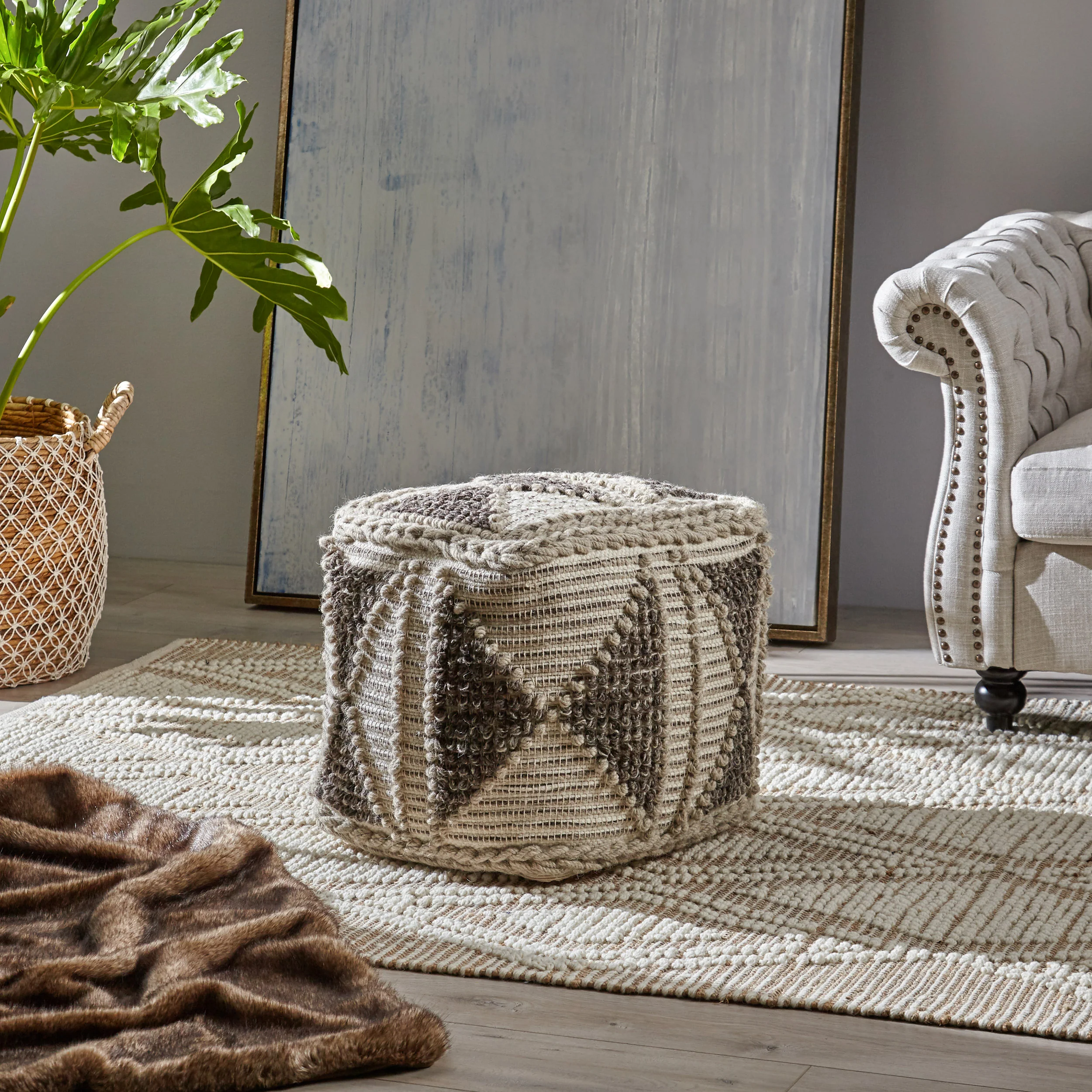Sally Cube Pouf, Boho, Gray and Ivory Wool and Cotton - furnishings