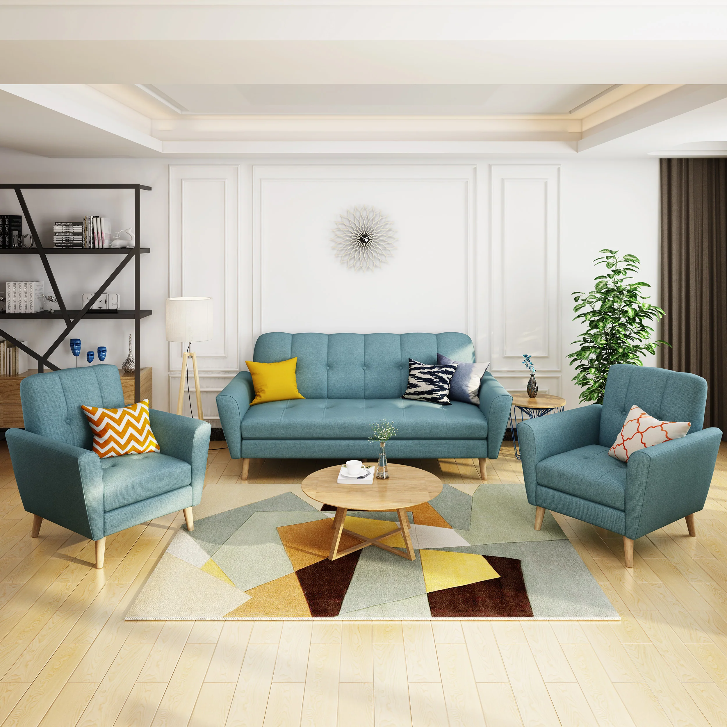 Angelica Mid-Century Modern 3-Piece Chairs & Couch Fabric Living Room Set - furnishings