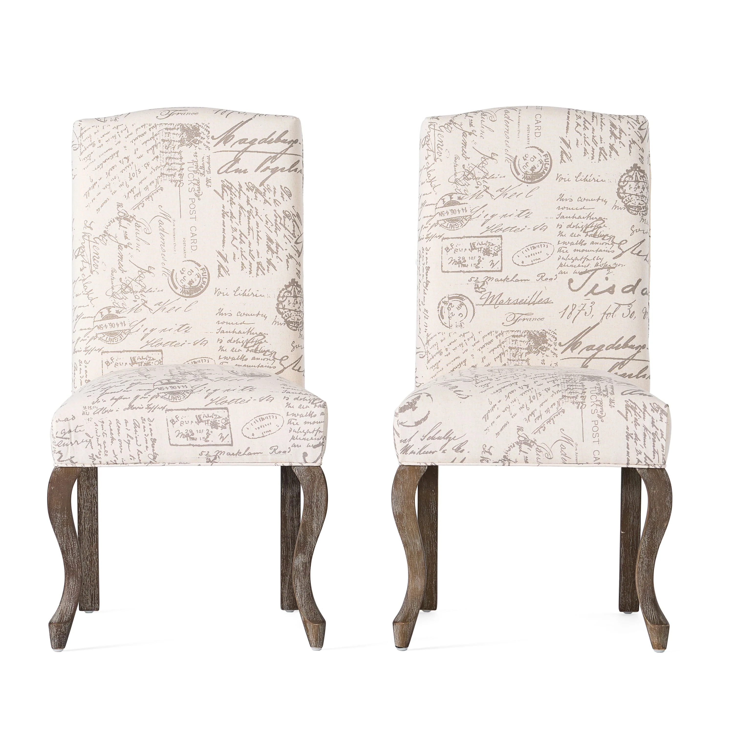 Crown Back French Script Beige Fabric Dining Chairs (Set of 2) - furnishings