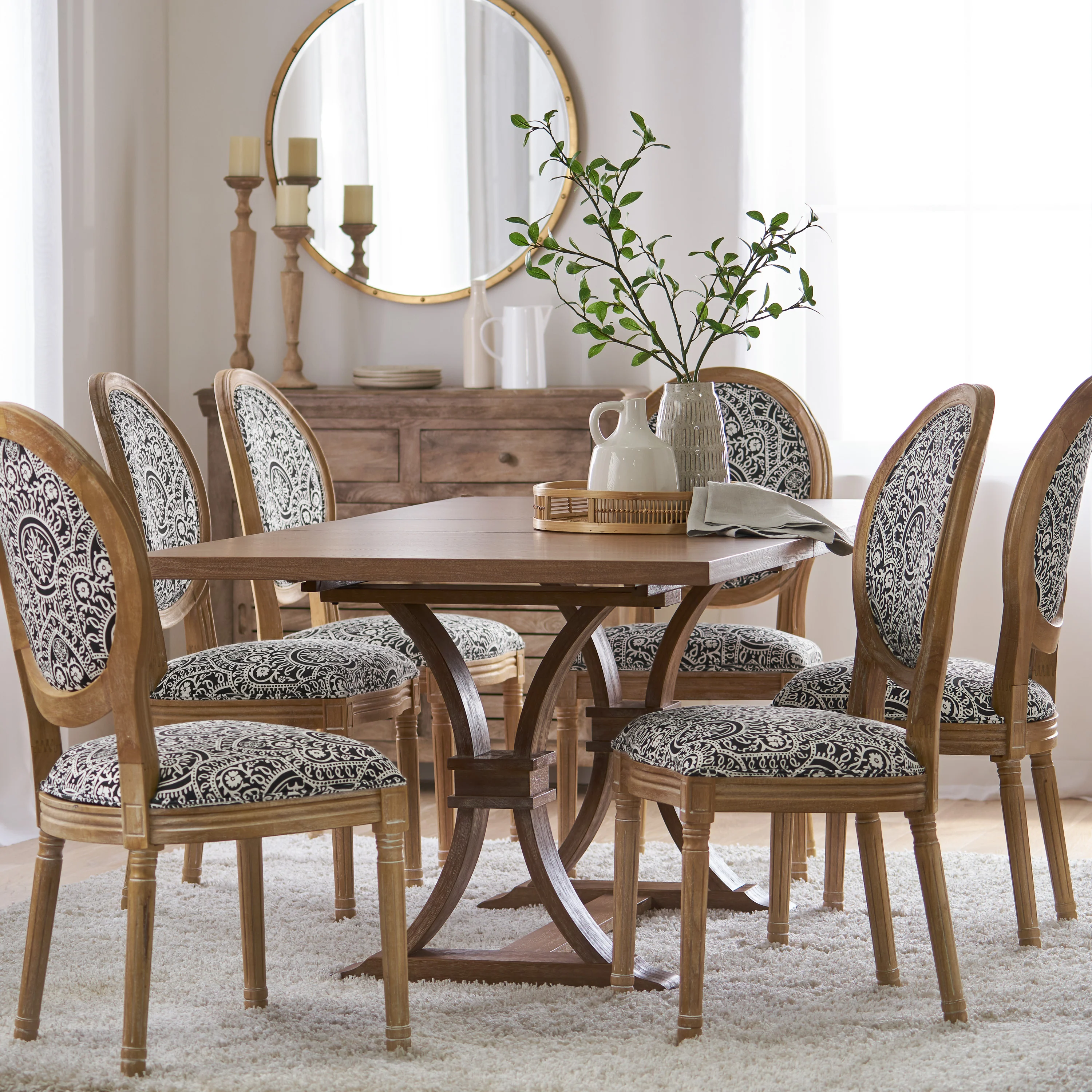 Dason French Country Fabric Upholstered Wood 7 Piece Dining Set - furnishings