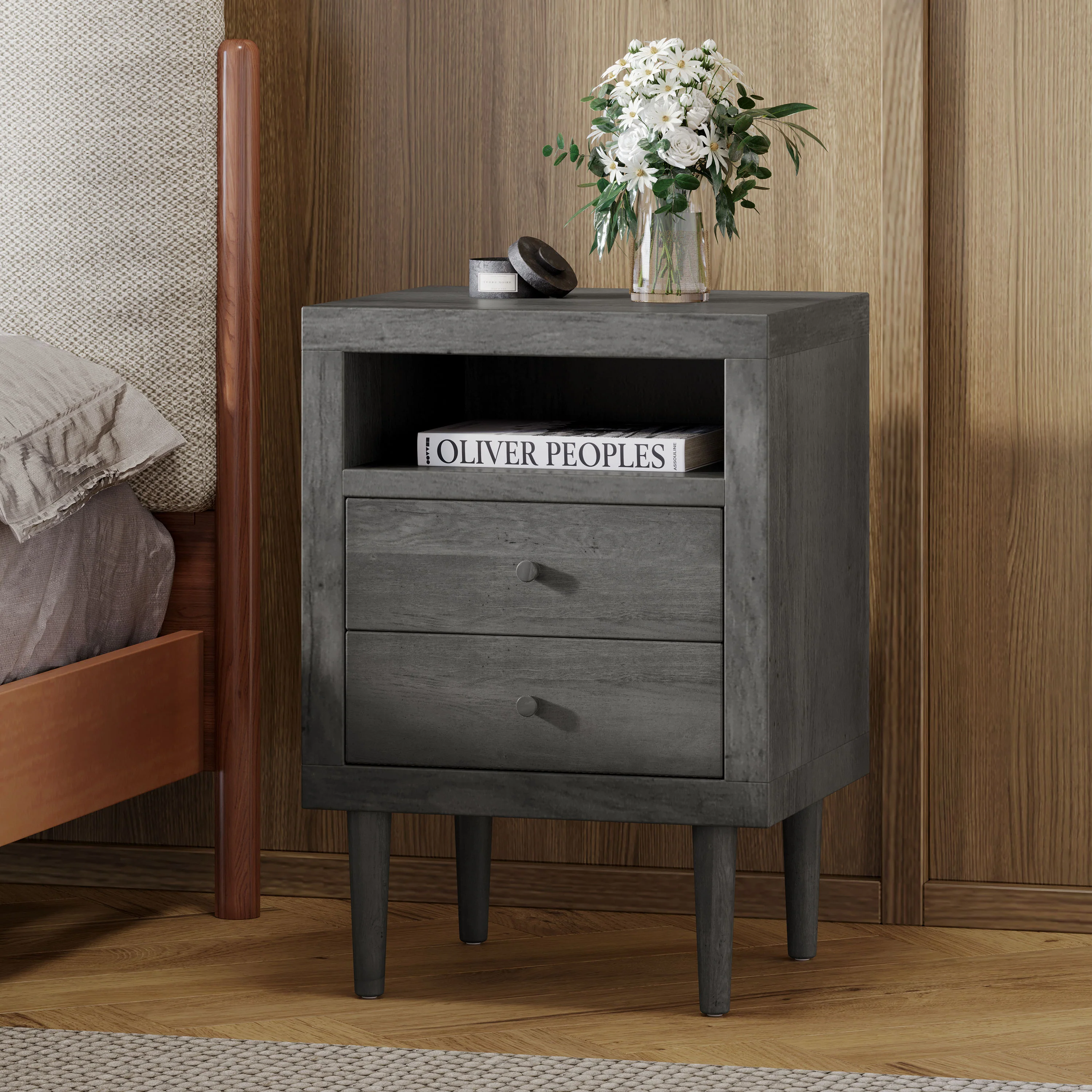 Farhart Mid Century Modern Faux Wood 2 Drawer Nightstand - furnishings