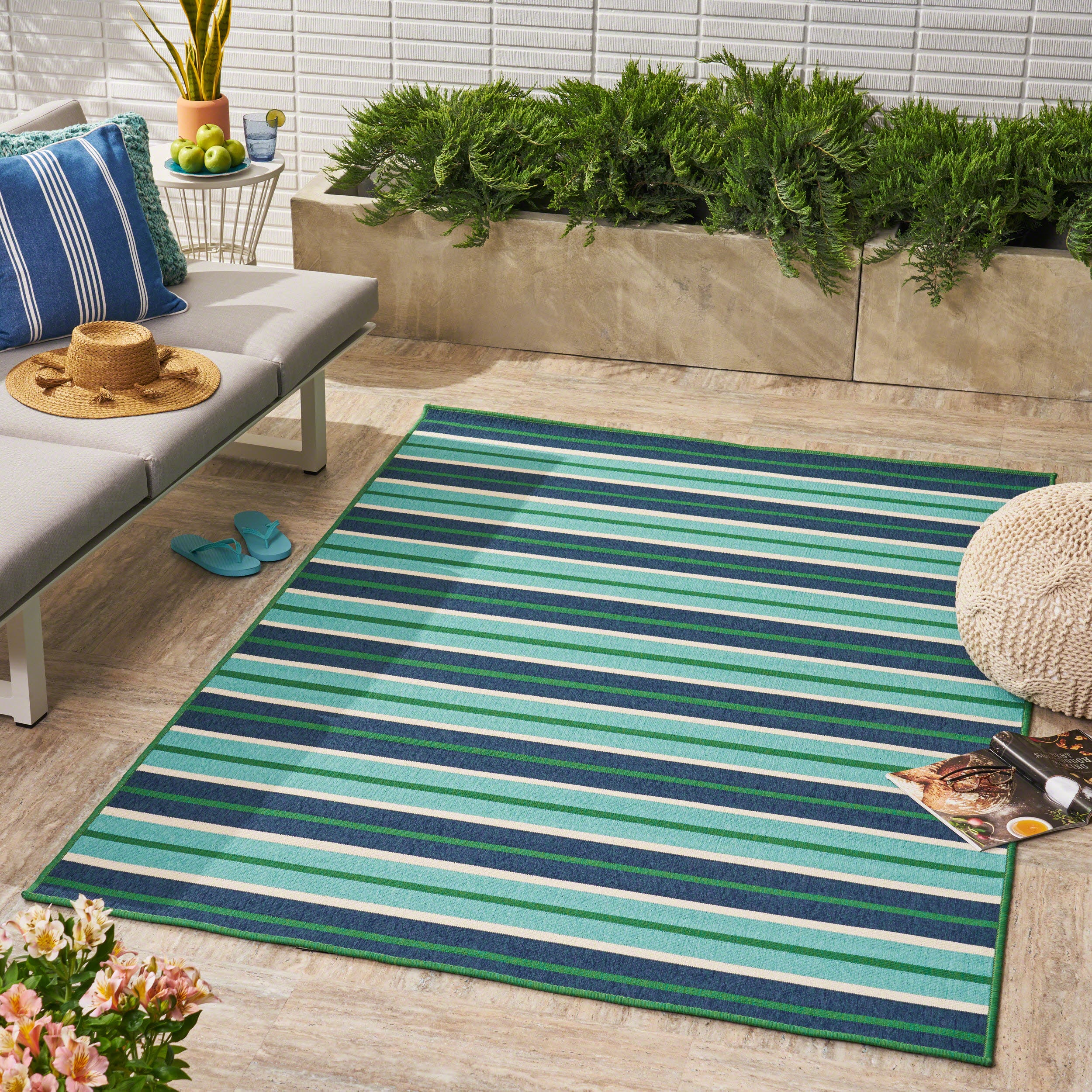 Khaidyn Outdoor Modern Striped Blue and Green Rectangular Area Rug - furnishings