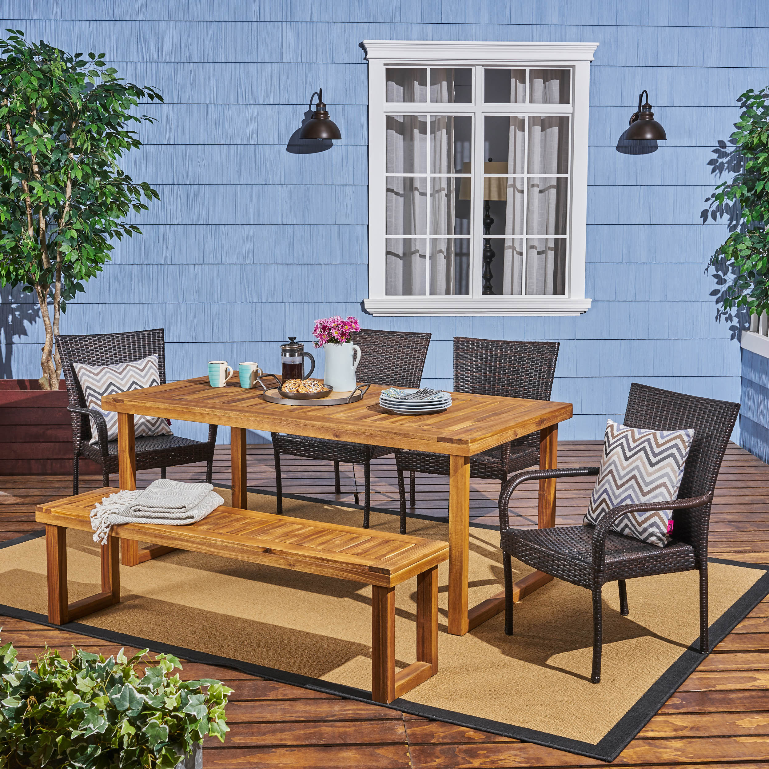 Eric Outdoor 6-Seater Wood and Wicker Chair and Bench Dining Set - furnishings