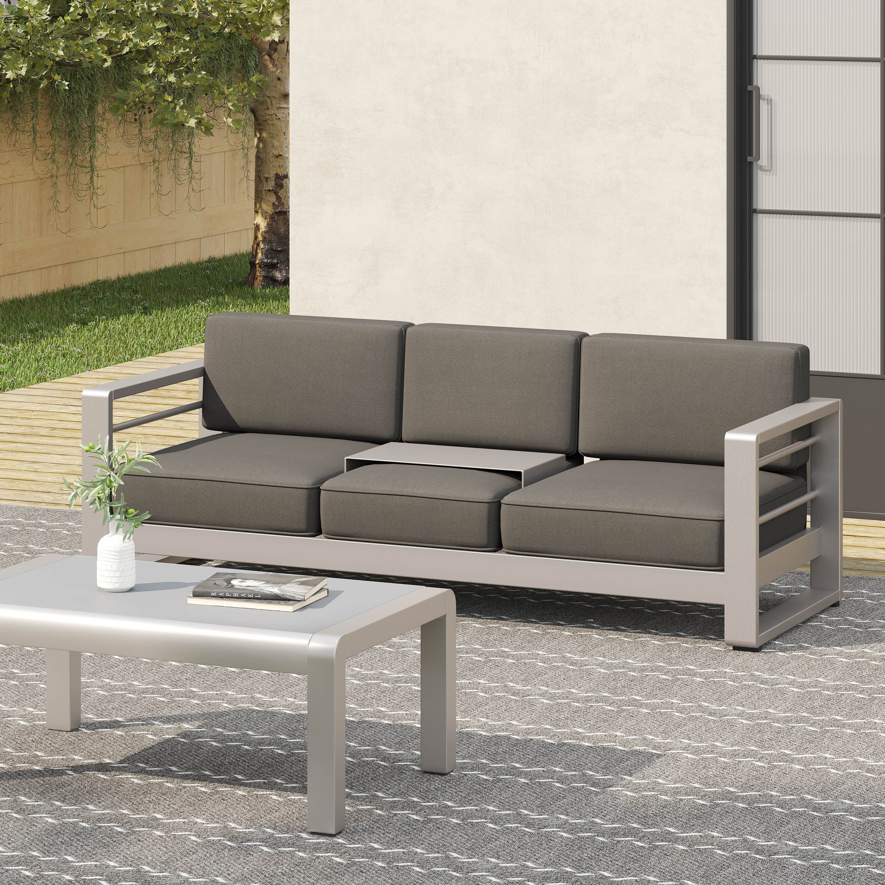Crested Bay Outdoor Modern Convertible Aluminum Gray Sofa with Tray Insert - furnishings