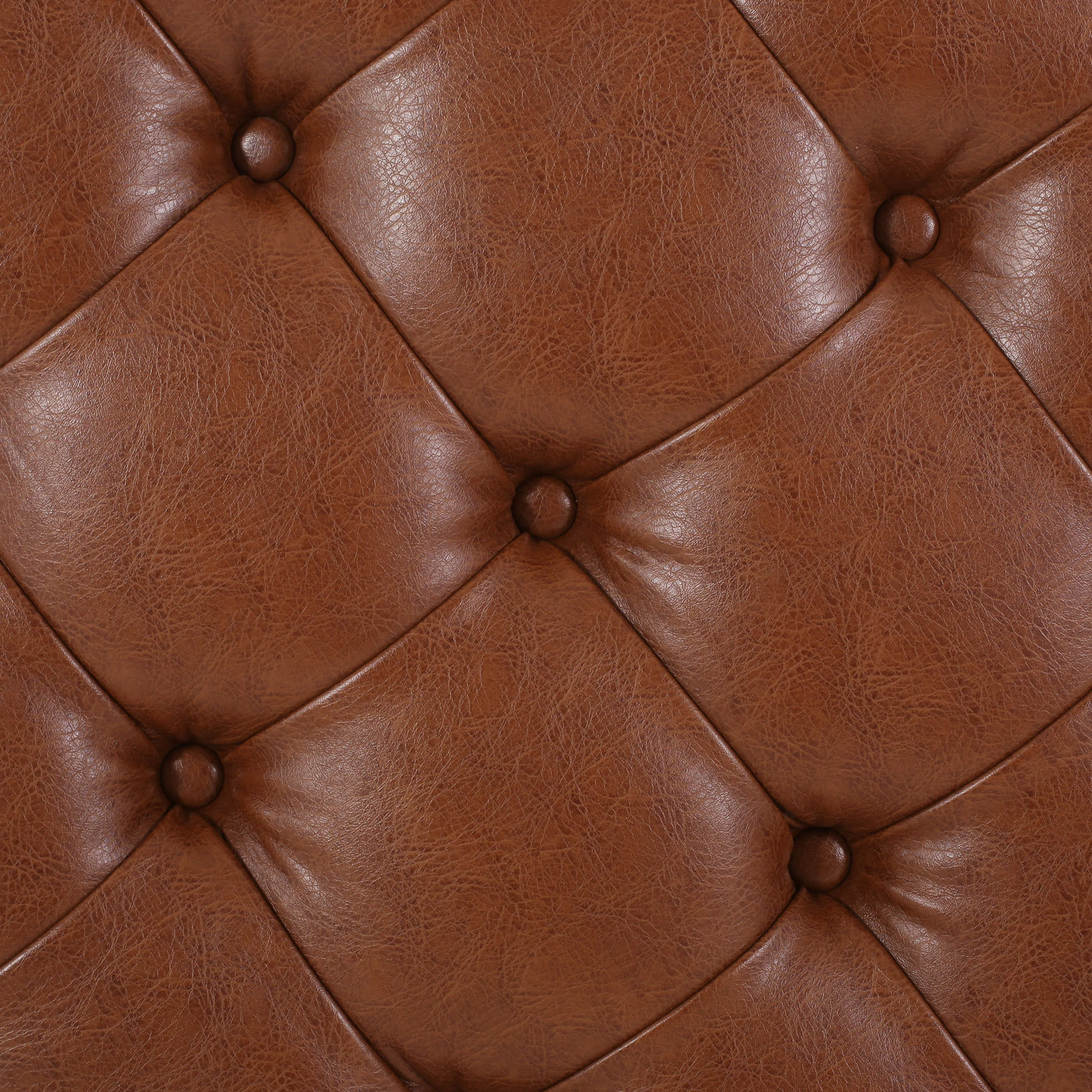 Baynes Contemporary Faux Leather Tufted Wood Round Ottoman with Open Shelf - furnishings