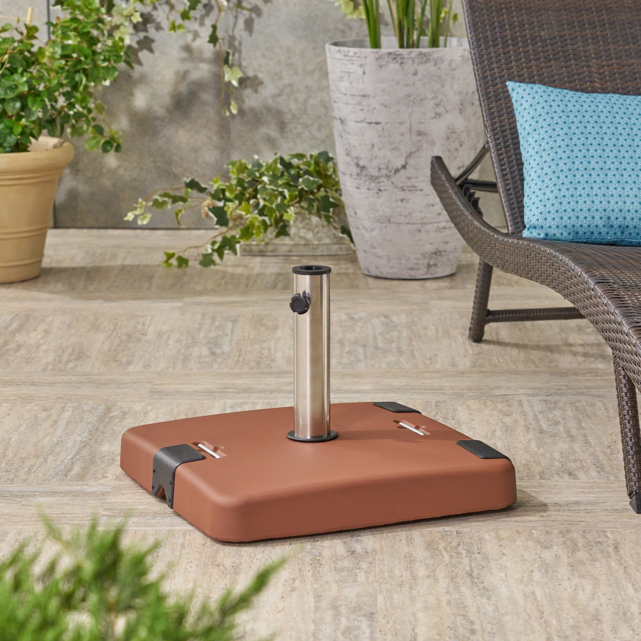 Larissa Outdoor 119lb Concrete Square Umbrella Base with Stainless Steel Collar - furnishings