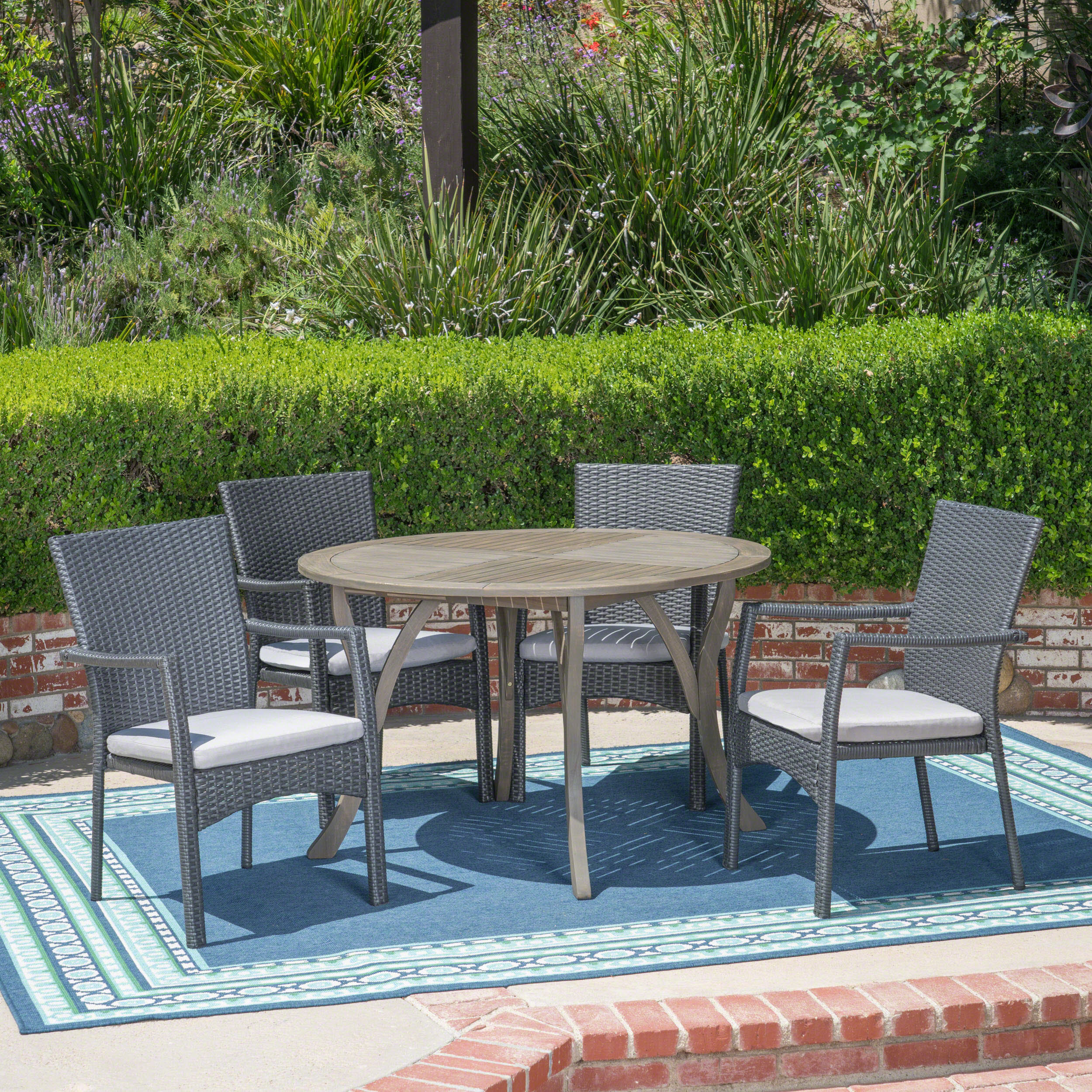 Baldry Outdoor 5 Piece Acacia Wood and Wicker Dining Set - furnishings