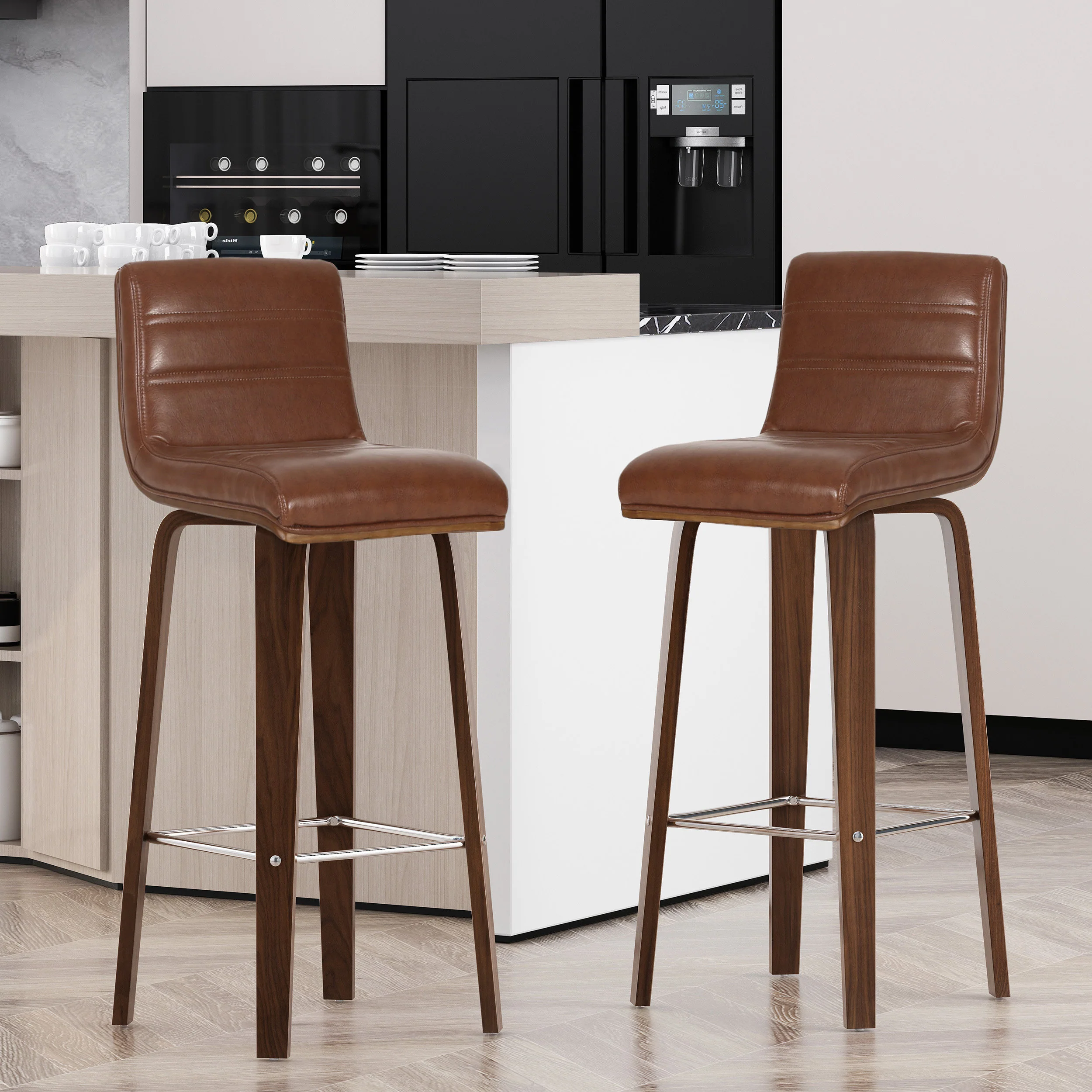 Mendon Mid Century Modern Channel Stitch Bentwood Swivel Barstools, Set of 2 - furnishings