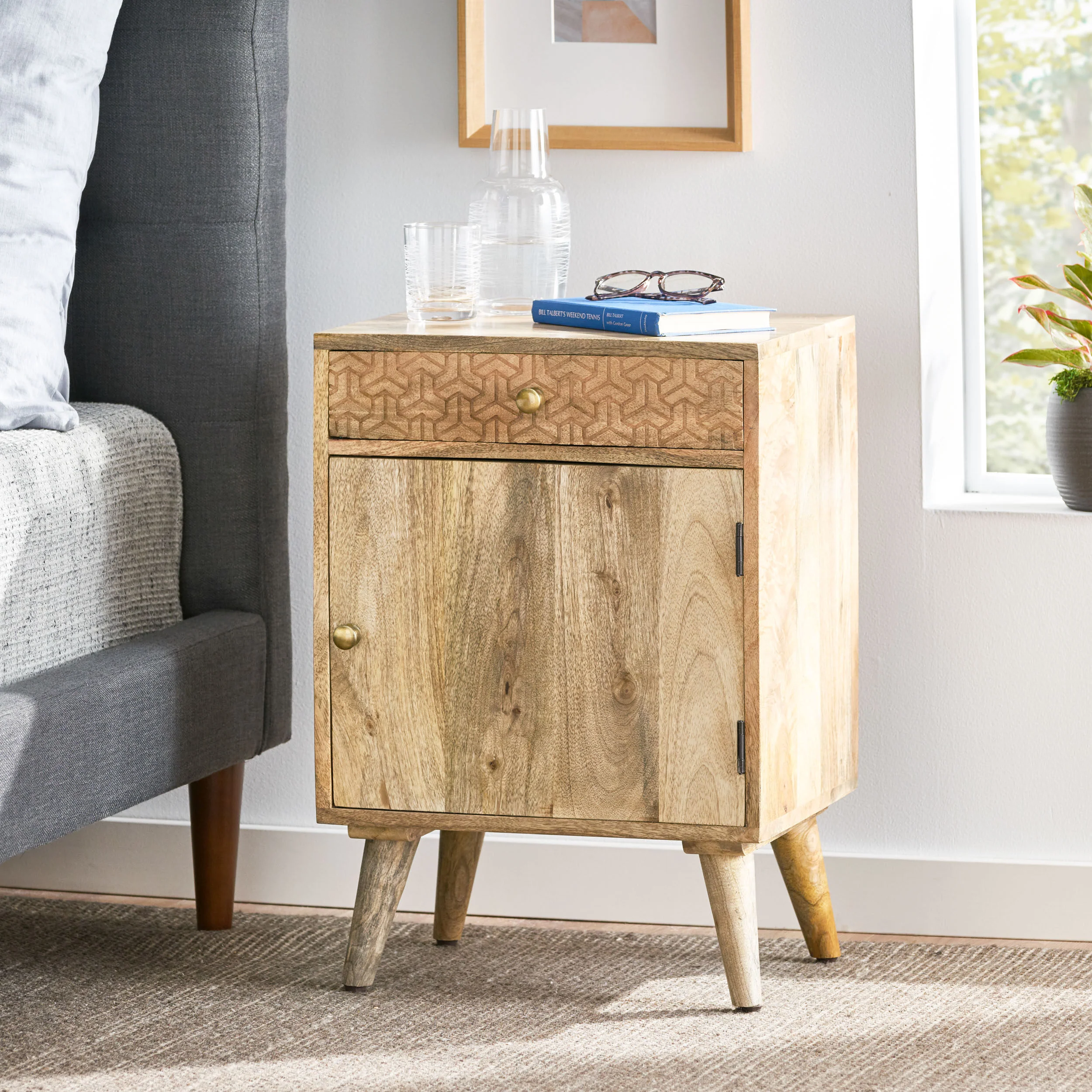 Stowe Boho Handcrafted Mango Wood Nightstand with Storage, Natural - furnishings