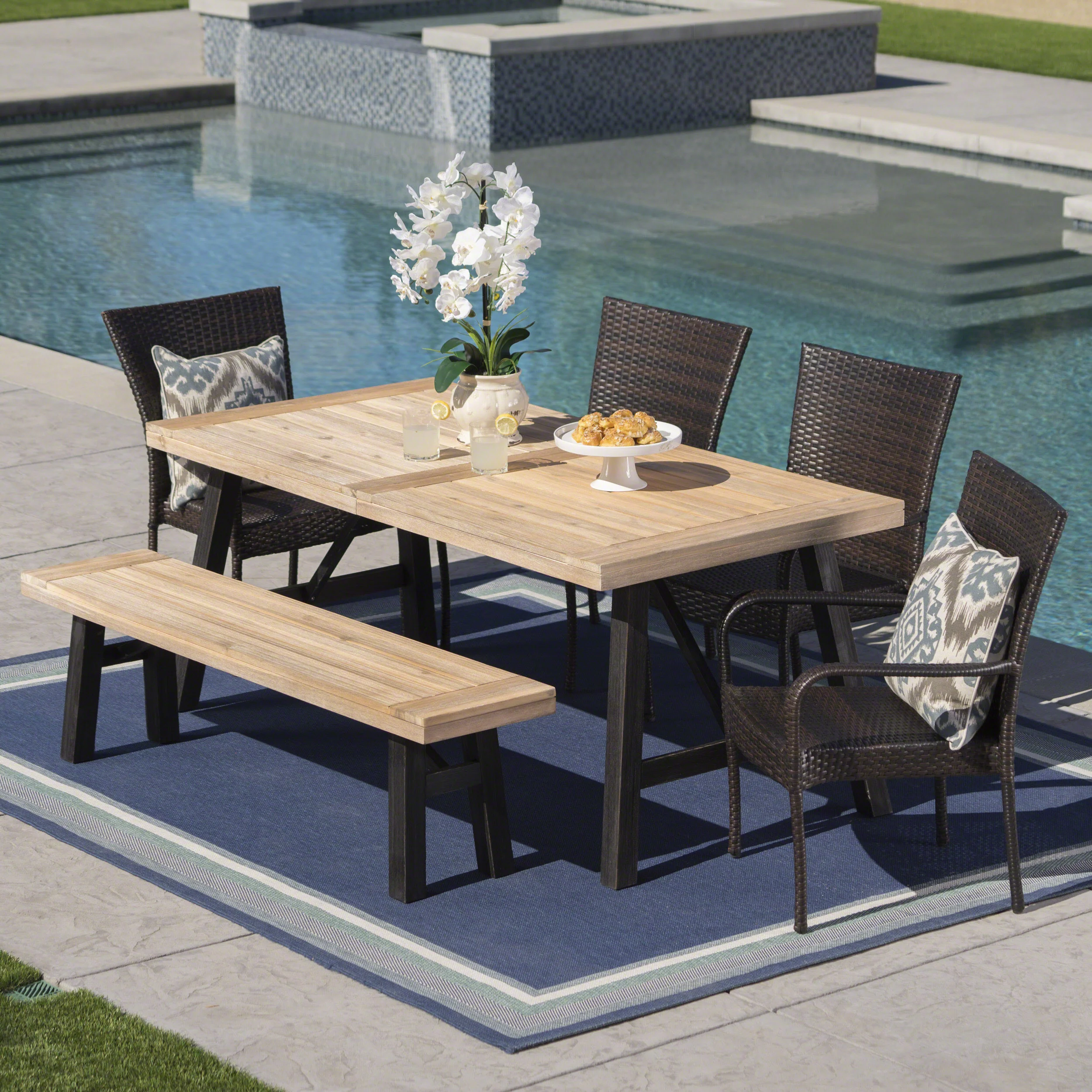 Porto Outdoor 6 Piece Acacia Wood Dining Set with Wicker Stacking Chairs - furnishings
