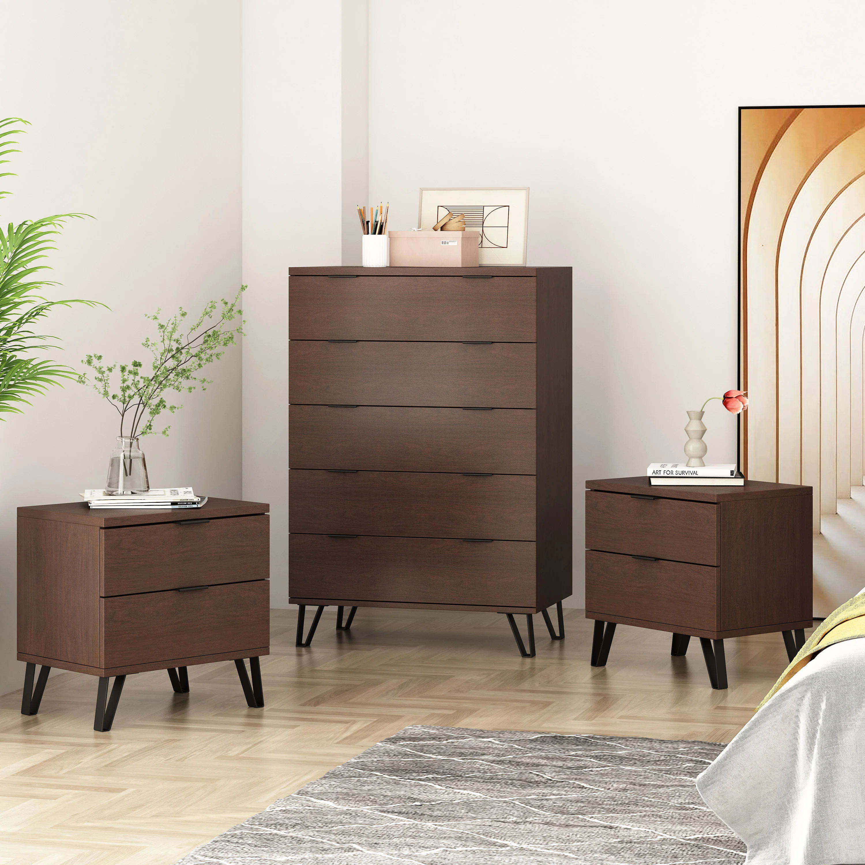 Demijen Modern Industrial 3 Piece Wide 5 Drawer Dresser and Nightstand Bedroom Set, Walnut and Matte Black - furnishings