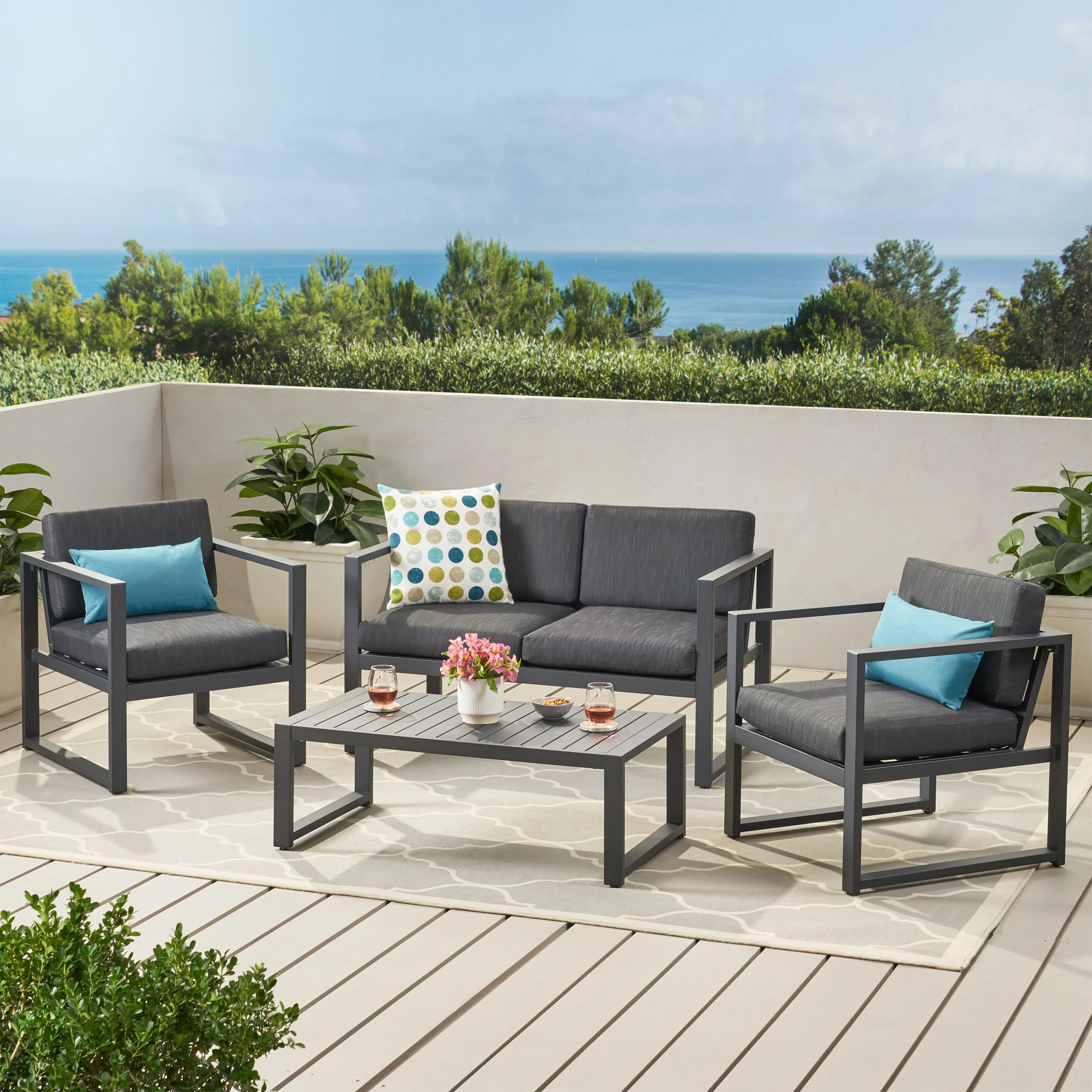 Nealie Modern Outdoor 4-Piece Dark Gray Aluminum Chat Set with Cushions - furnishings