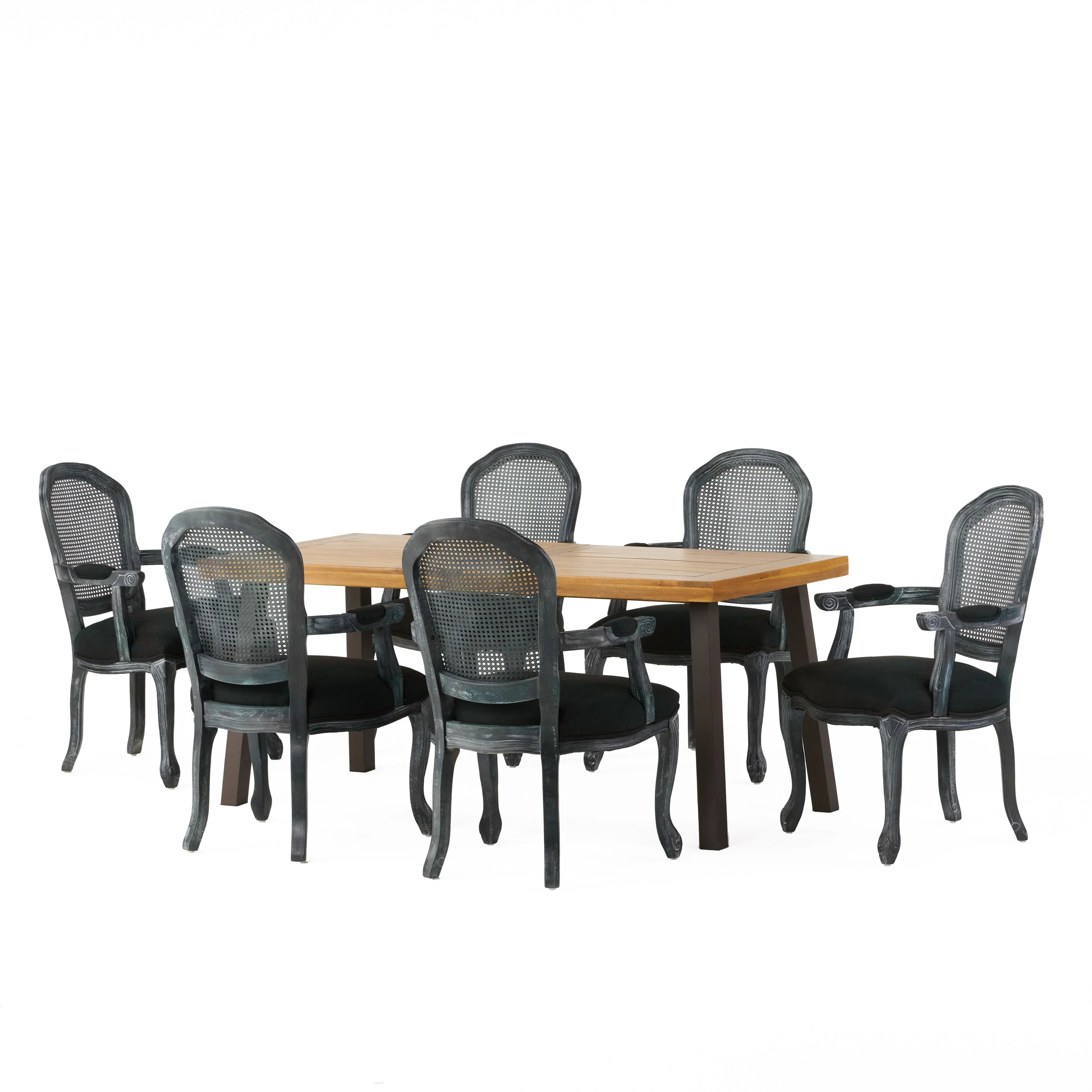 Aldrich Farmhouse Fabric Upholstered Wood and Cane 7 Piece Dining Set - furnishings