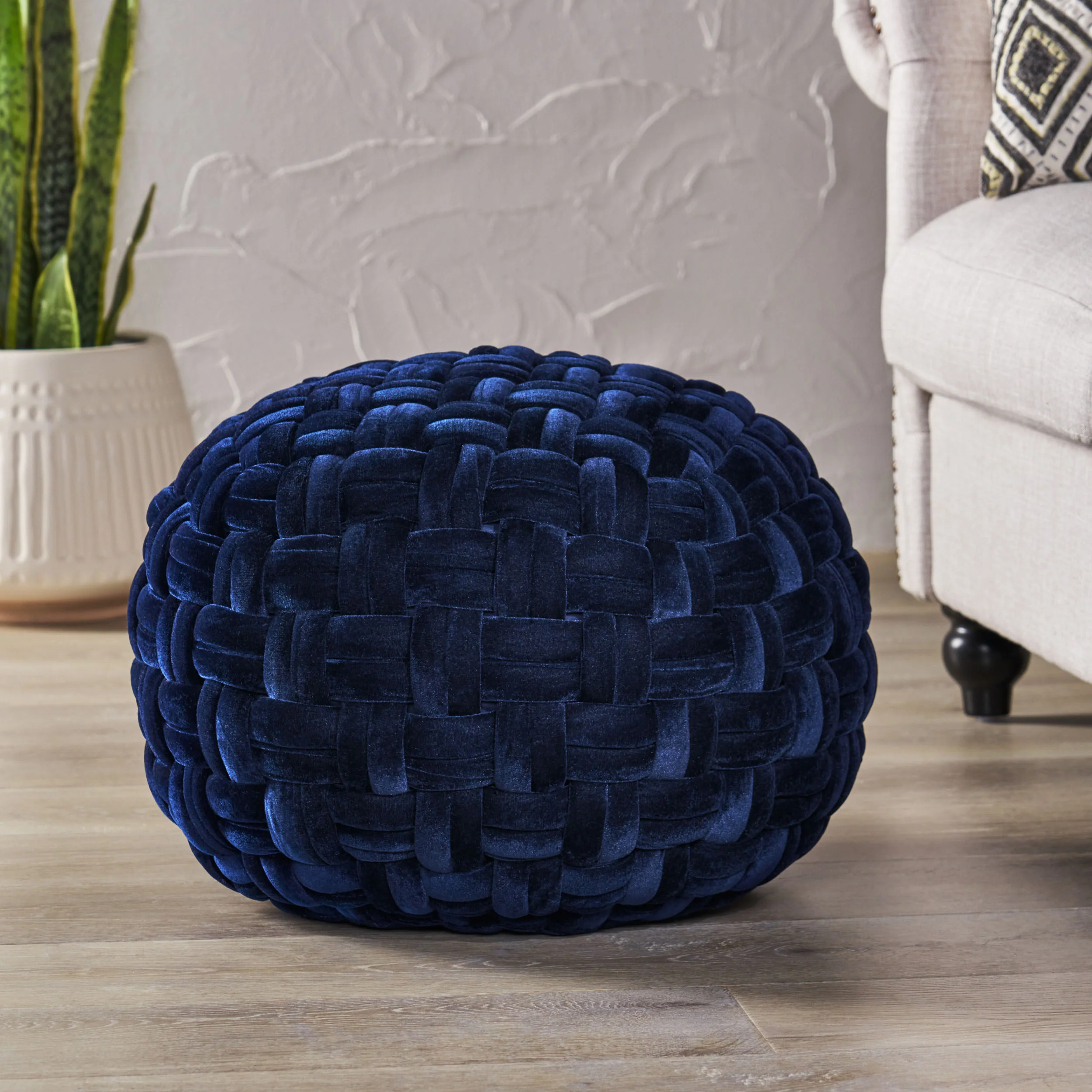 Colerain Modern Glam Handcrafted Cable Weave Velvet Round Pouf - furnishings