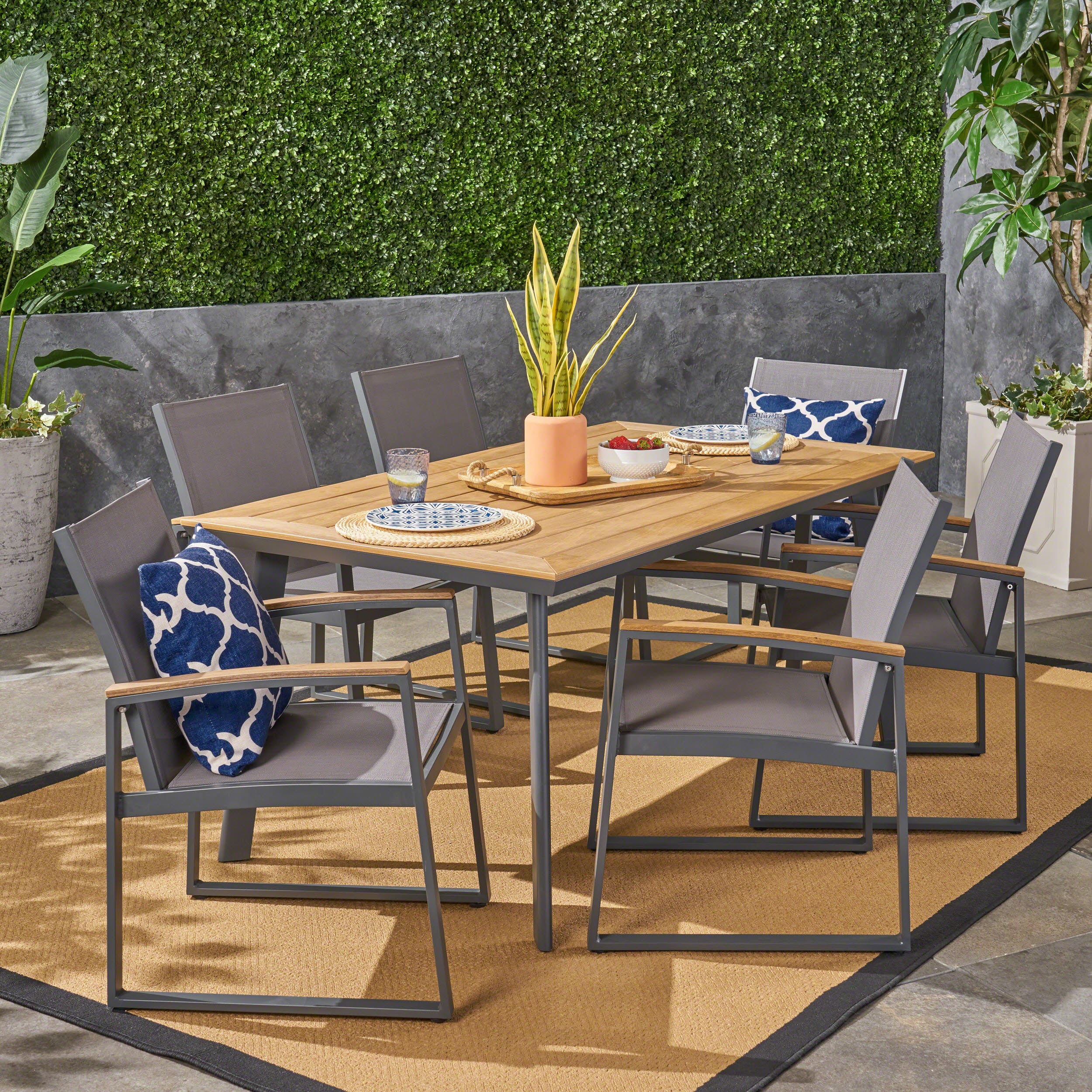 Lena Outdoor 7 Piece Aluminum Dining Set with Mesh Chairs - furnishings