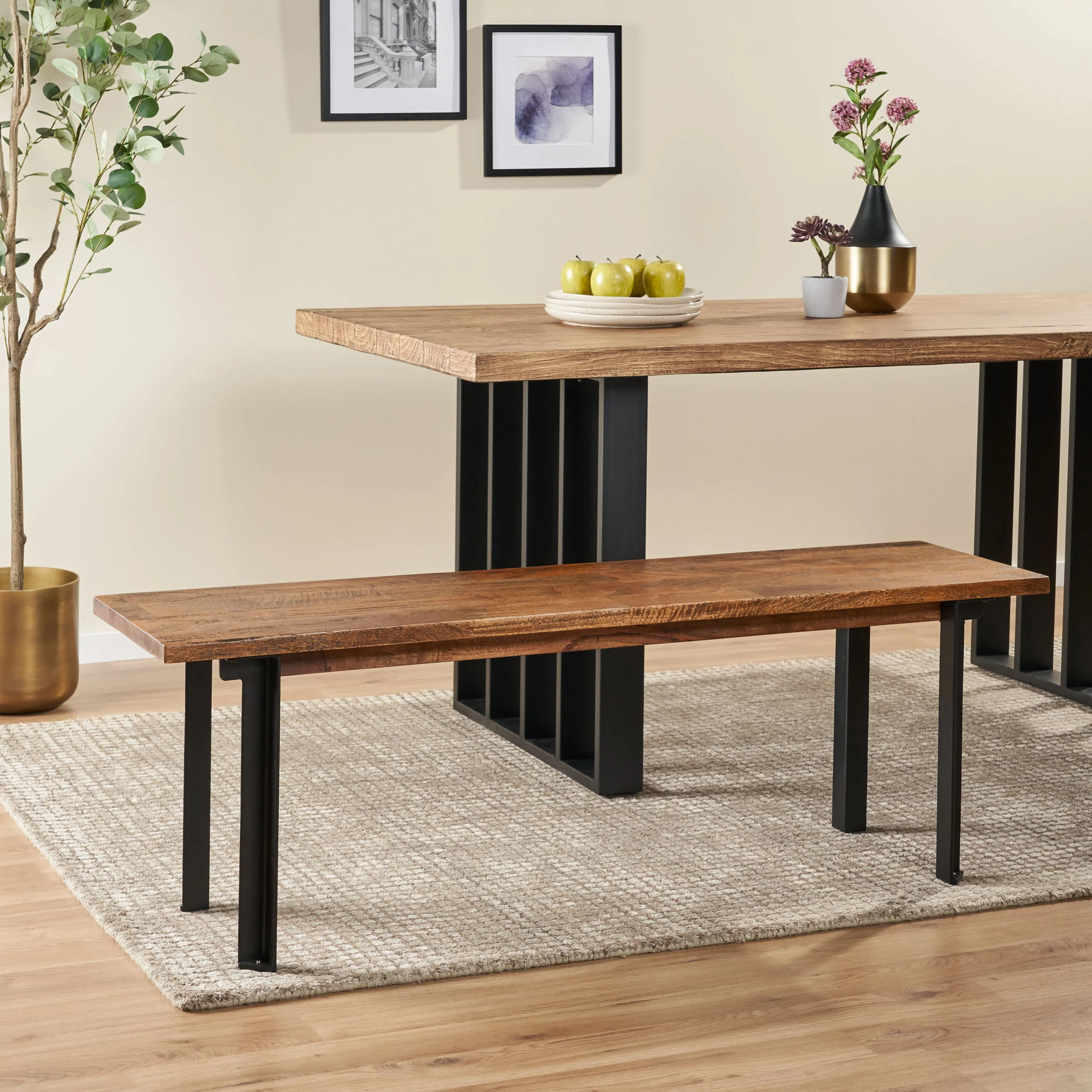 Meridan Modern Industrial Handmade Mango Wood Dining Bench, Country Brown and Black - furnishings
