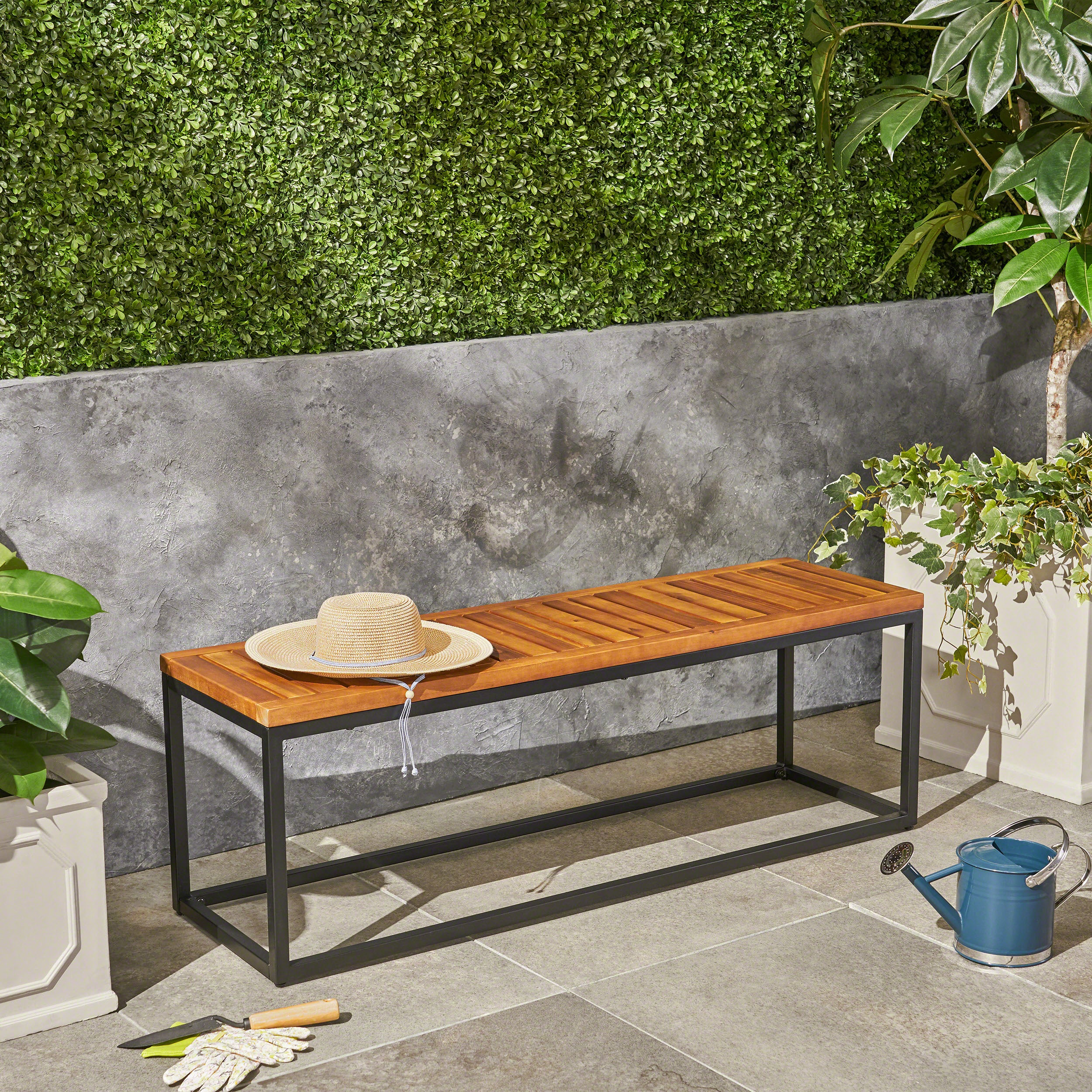 Drew Outdoor Industrial Acacia Wood and Iron Bench - furnishings